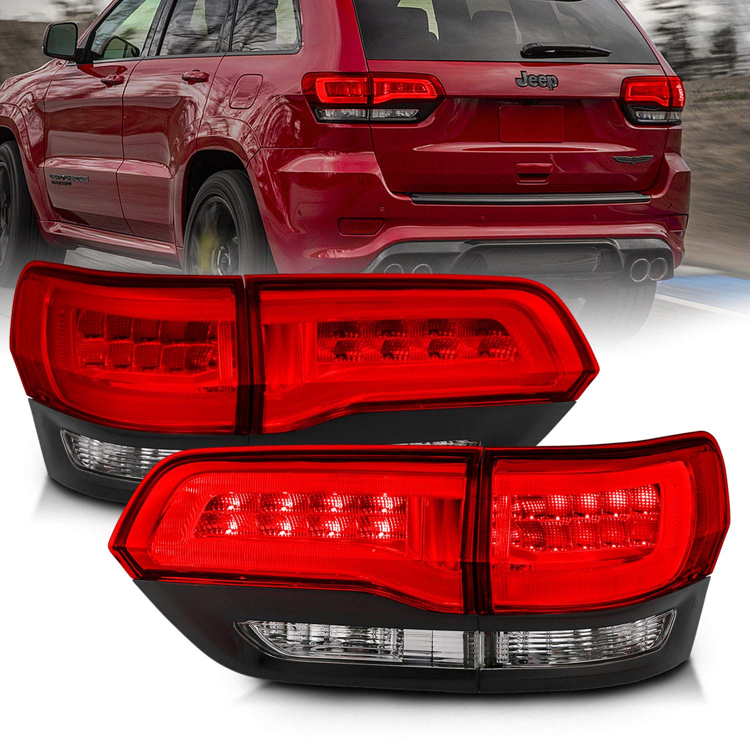 AmeriLite Red/Clear/Black LED Tail Lights with Brake Turn Signals - Compatible with 2014-2017 Jeep Grand Cherokee (4-Piece Set for Both Driver & Passenger Sides) - Upgrade Your Vehicle's Style and Visibility for Night Driving and Off-Road Adventures