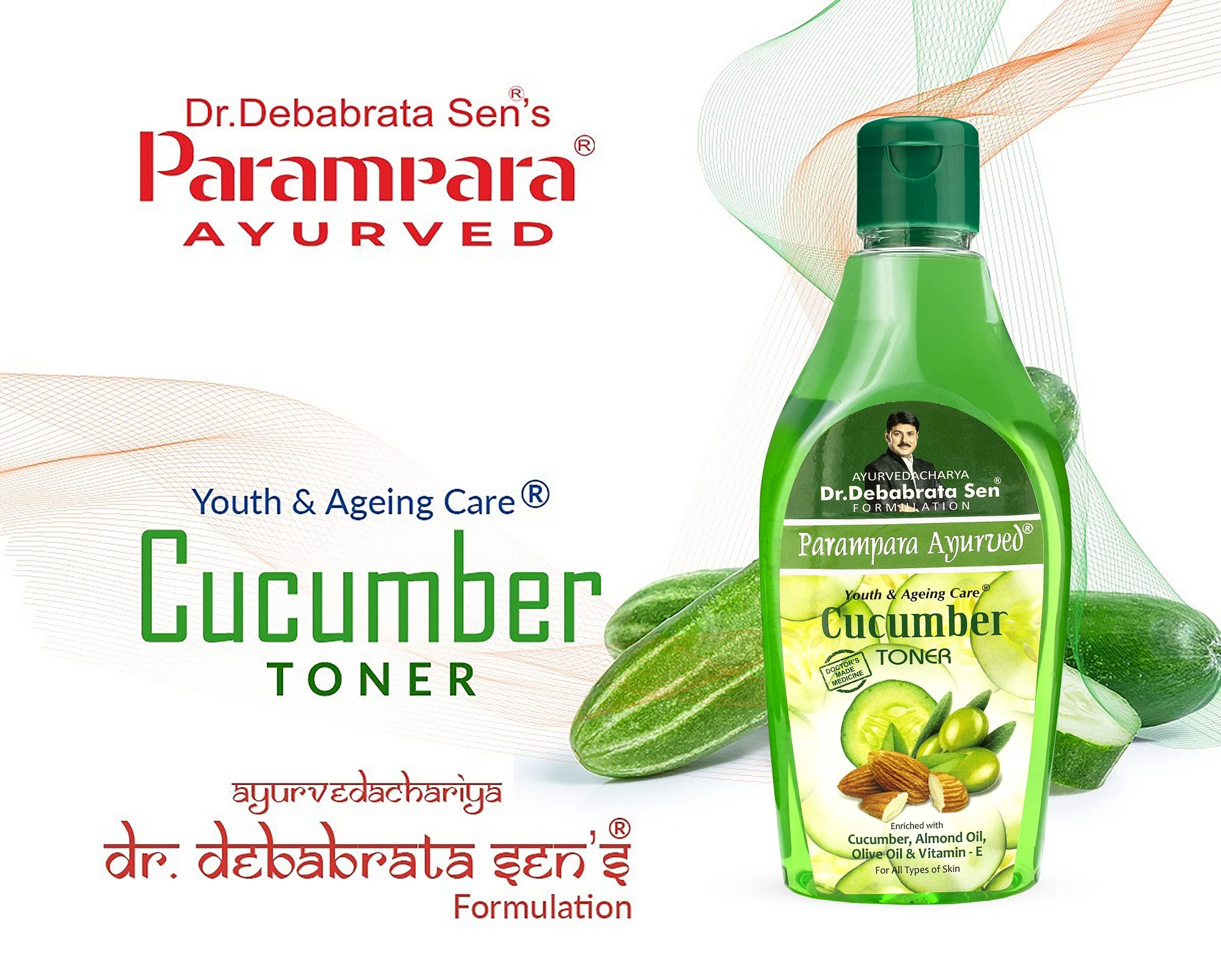 Parampara Ayurvedic Cucumber Toner with Vitamin E, Almond Oil & Olive Oil | Hydrating, Anti-Pigmentation, Pore Tightening & Acne Treatment | Deep Cleanser for Clear Skin | Sun Damage Repair & Skin Refreshment | 250ml | Perfect for Daily Skincare Routine & Post-Sun Care