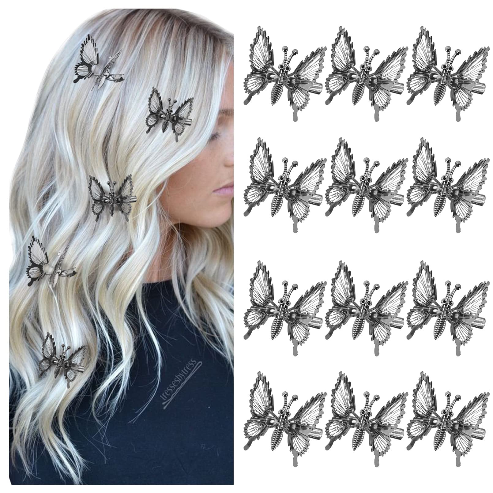 DEEKA 12-Piece 3D Metal Gold Moving Butterfly Hair Clips - Vintage 90s Style Hair Accessories with Fluttering Wings for Women & Girls (Black) | Perfect for Parties, Weddings, and Everyday Fashion