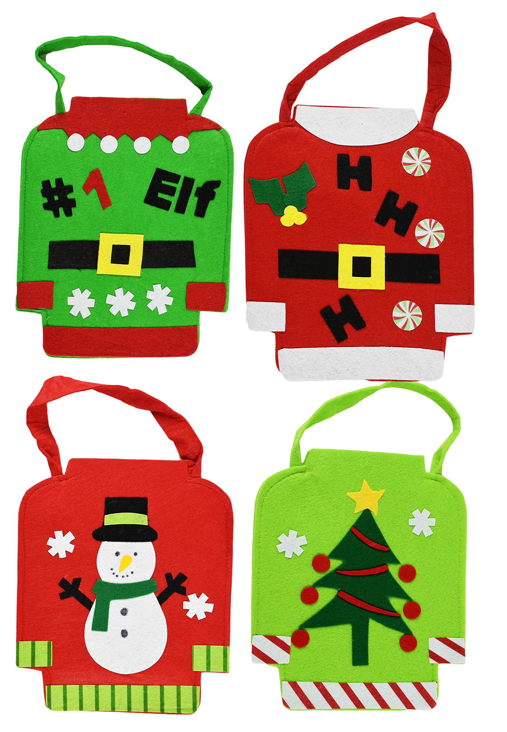 Black Duck Brand Set of 4 Ugly Christmas Sweater Style Felt Gift Bags - 8x10 Inch Holiday Party Favor Bags for Kids, Christmas Costumes, Stocking Stuffers & Goodie Bags - Perfect for Xmas Parties, Classroom Gifts & Festive Celebrations