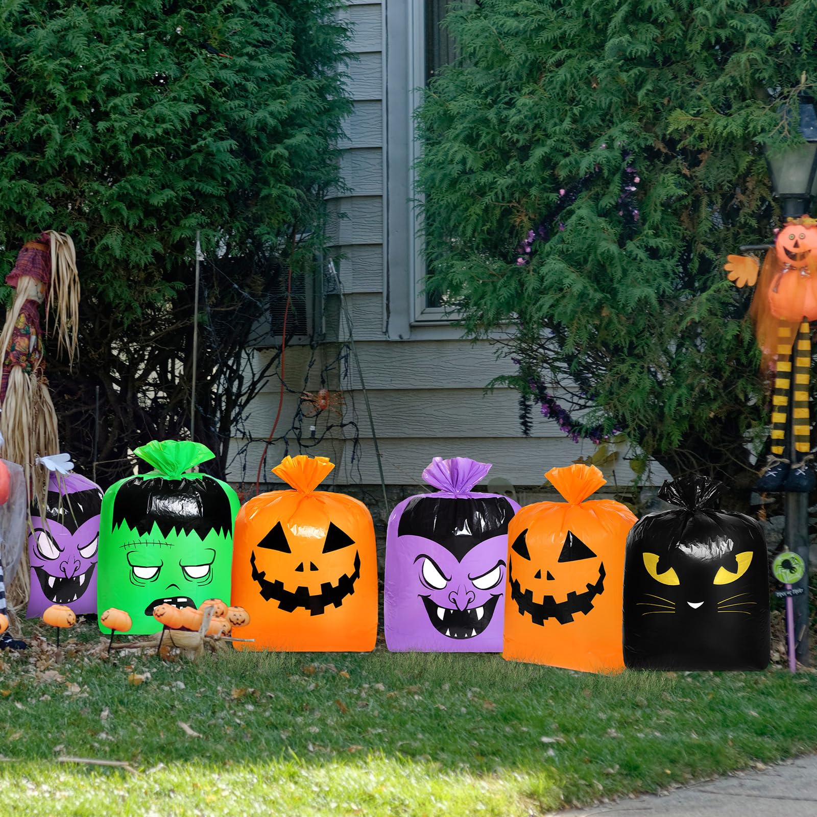 Qilery 4-Pack Extra Large Halloween Pumpkin Leaf Bags - Heavy Duty Reusable Plastic Lawn & Yard Waste Bags with Twist Ties | Fall Decor, Garden Cleanup, Outdoor Party Supplies & Trick-or-Treat Goodie Bags for Halloween Celebrations