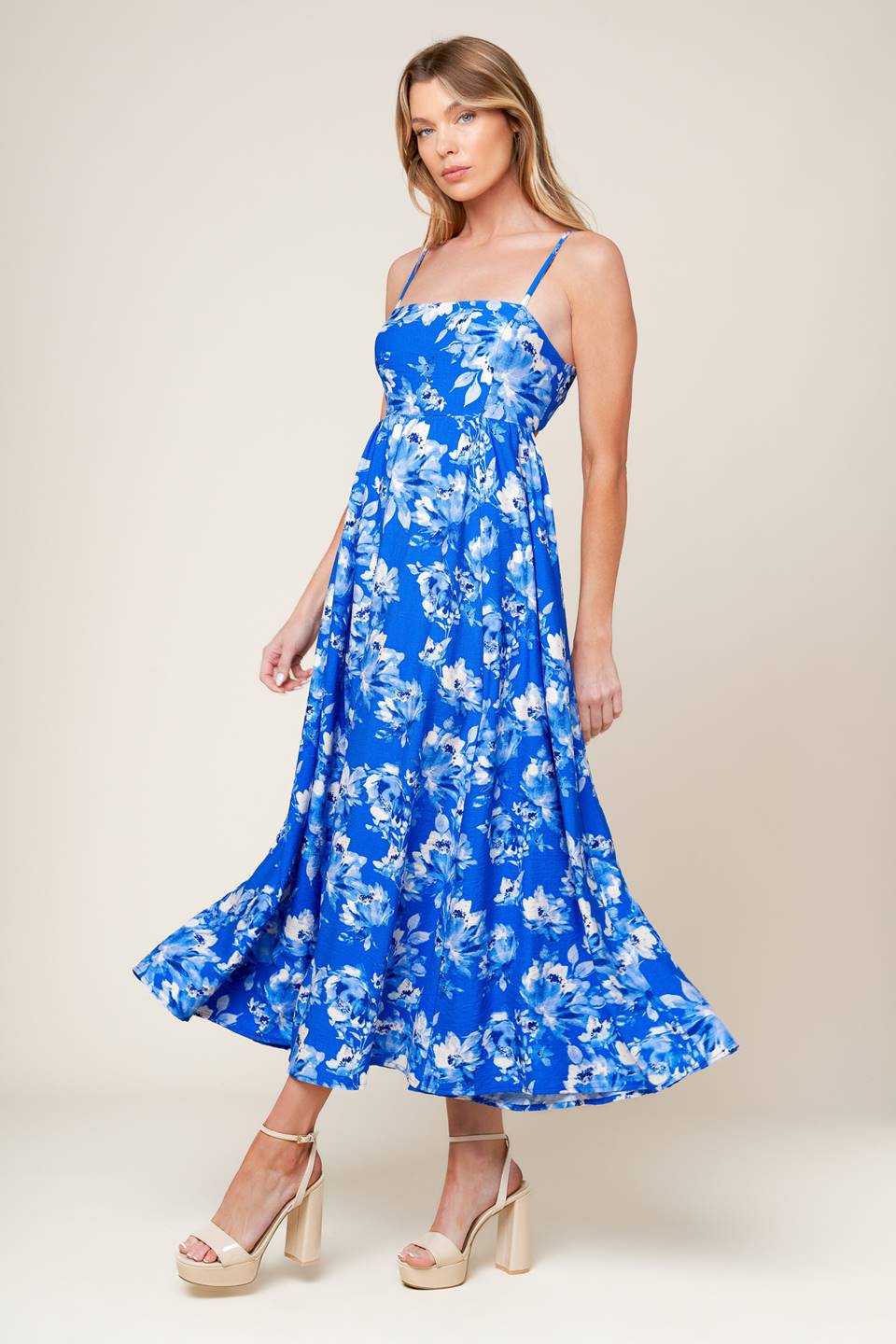 English Garden Midi Dress in Blue - Floral Summer Dress for Women, Perfect for Garden Parties & Outdoor Events