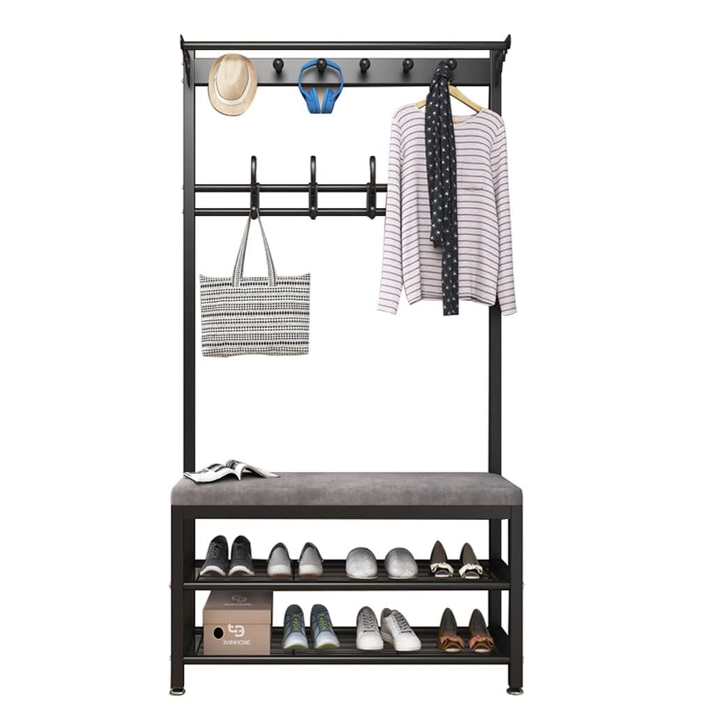 OTBK Freestanding Coat Rack with Storage Bench - Entryway Hall Tree with Hooks & Shoe Organizer | Space-Saving Solution for Hallway, Foyer & Mudroom (Black Gray, 60cm) - Perfect for Small Apartments & Organized Entryways