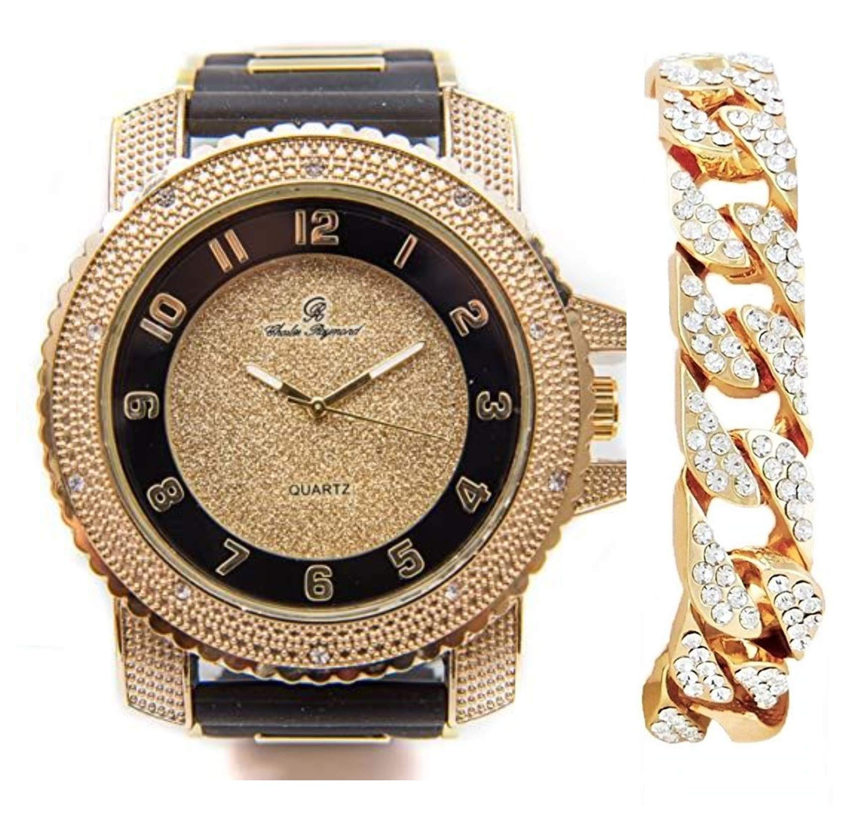 Men's Hip Hop Rubber Bullet Band Watch with Iced Cuban Link Bracelet - RWC2021 - Perfect for Streetwear Fashion & Luxury Accessories