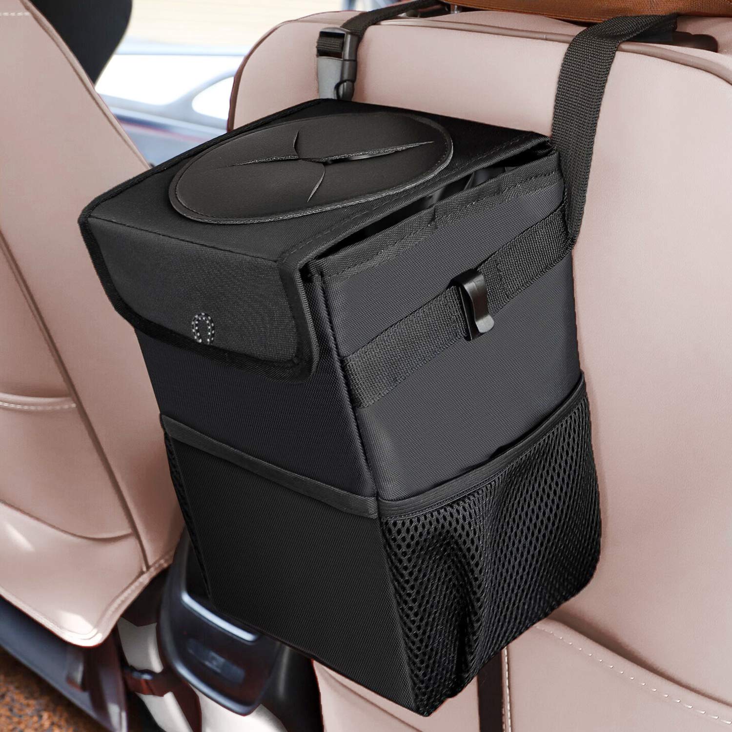 Upgraded Leak-Proof Car Trash Can with Lid & 3 Storage Pockets - 2.4 Gallon Waterproof Auto Garbage Bin Organizer for Sedan, SUV, Truck | Perfect for Road Trips, Commuting & Family Travel (Black)
