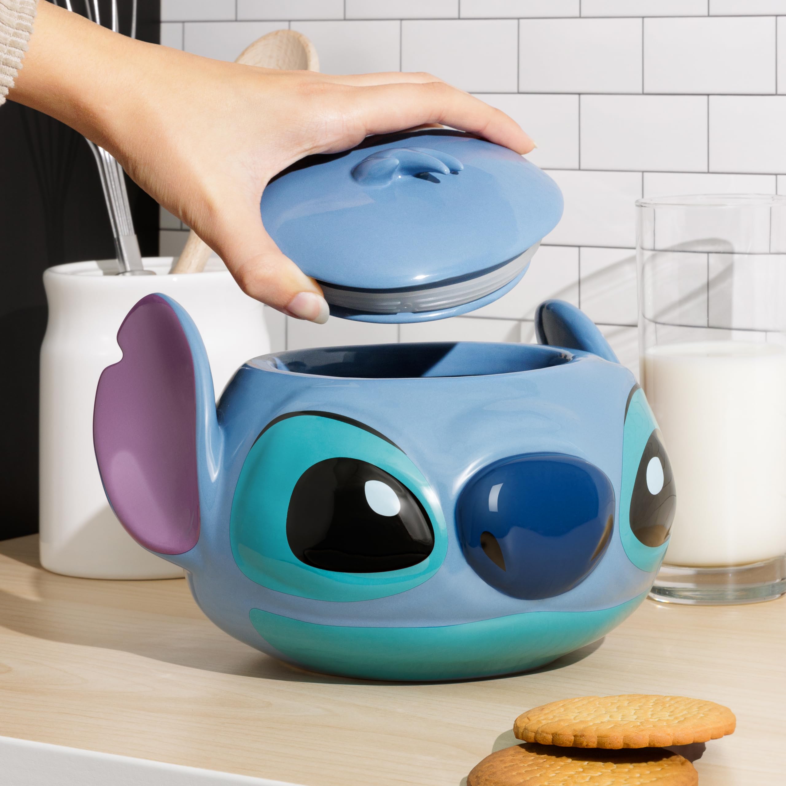 Disney Stitch Official Licensed Ceramic Cookie Jar with Lid – 5.9 Inch Vibrant Blue Snack Storage for Kitchen, Playroom, or Office | Perfect Gift for Lilo & Stitch Fans, Kids & Adults Collectors | Great for Cookies, Candy, Tea Bags & Kitchen Organization