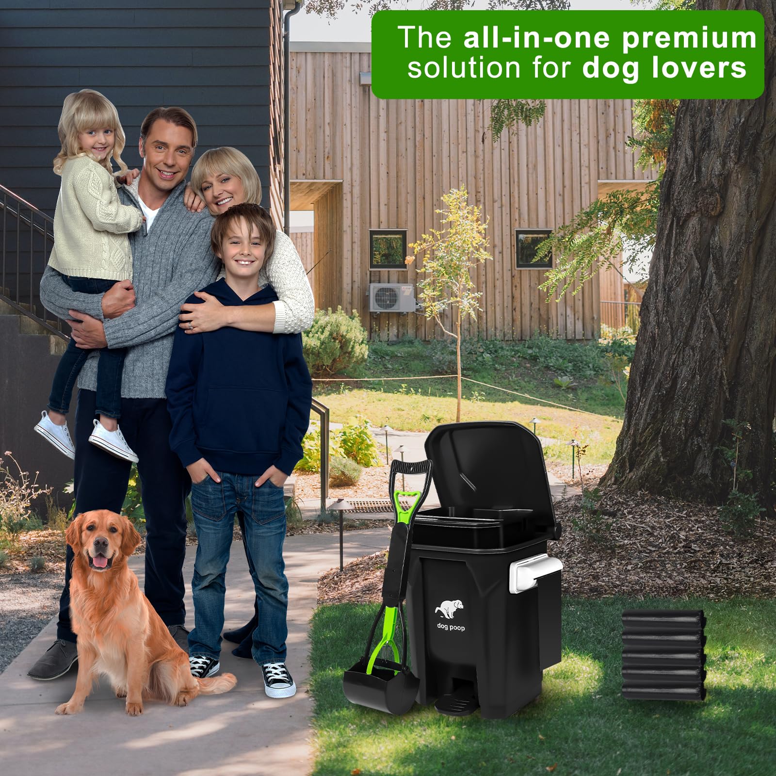 Foldable Dog Poop Trash Can with Scooper - 20L/5Gallon Outdoor Pet Waste Station with Lid, 100 Bags, Foot Pedal & Removable Inner Bin - Perfect for Backyards, Parks & Dog Walking Areas (Black)