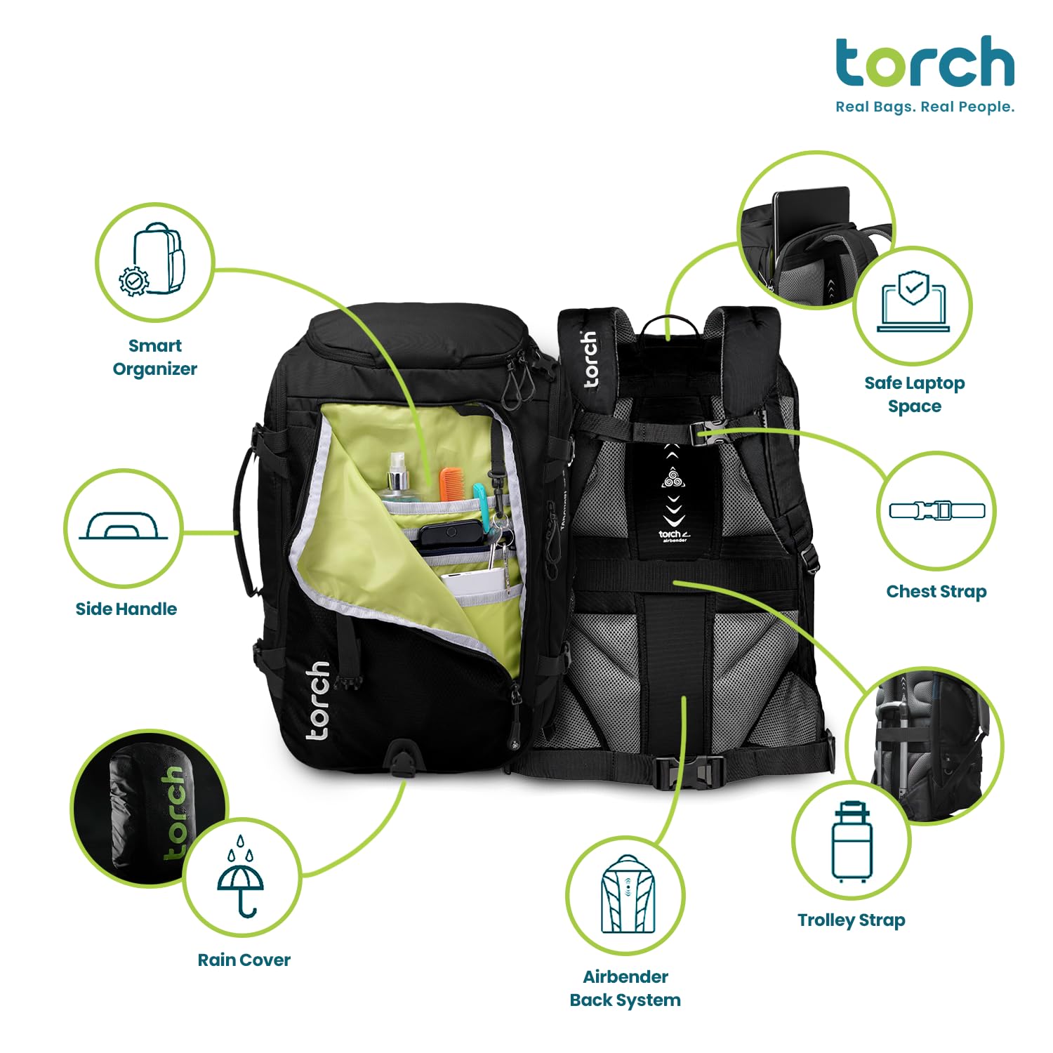 Torch 40L Travel Backpack - Waterproof Carry On Backpack for Hiking, Camping & Outdoor Adventures - Flight Approved with Rain Cover - Perfect for Work Commute & Weekend Getaways (Black)