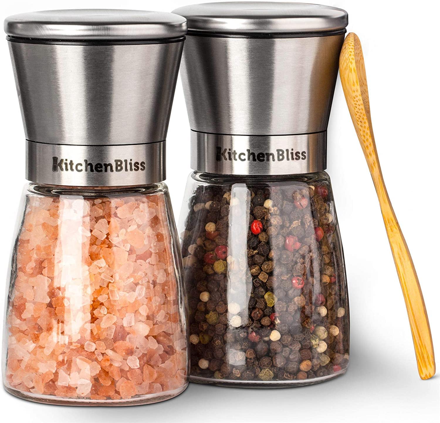 Premium Stainless Steel Salt and Pepper Grinder Set with Ceramic Mill - Adjustable Coarseness for Freshly Ground Spices - Includes Bamboo Spoon & Cleaning Brush - Perfect for Kitchen, Dining Table & Gourmet Cooking