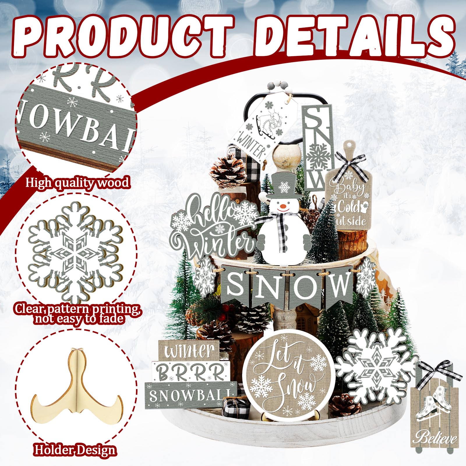 15 Pcs Winter Christmas Tiered Tray Decor Set - Snowman Snowflake Wooden Signs, Farmhouse Holiday Decorations for Table, Shelf, Mantel - Perfect for Home, Office & Seasonal Party Decor
