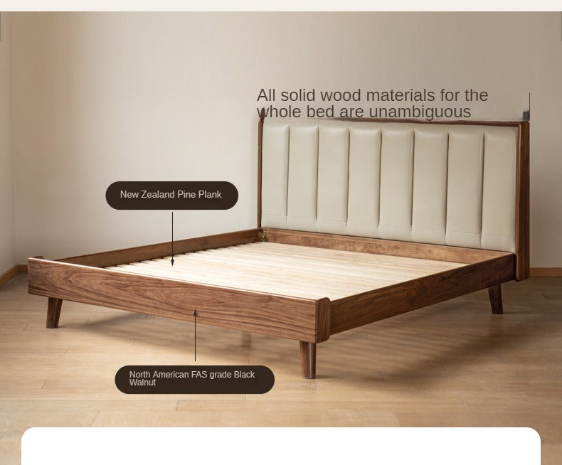 Premium Black Walnut Solid Wood Leather Upholstered Bed Frame with High Soft Back - Modern Bedroom Furniture for Master Suite, Guest Room & Luxury Apartments