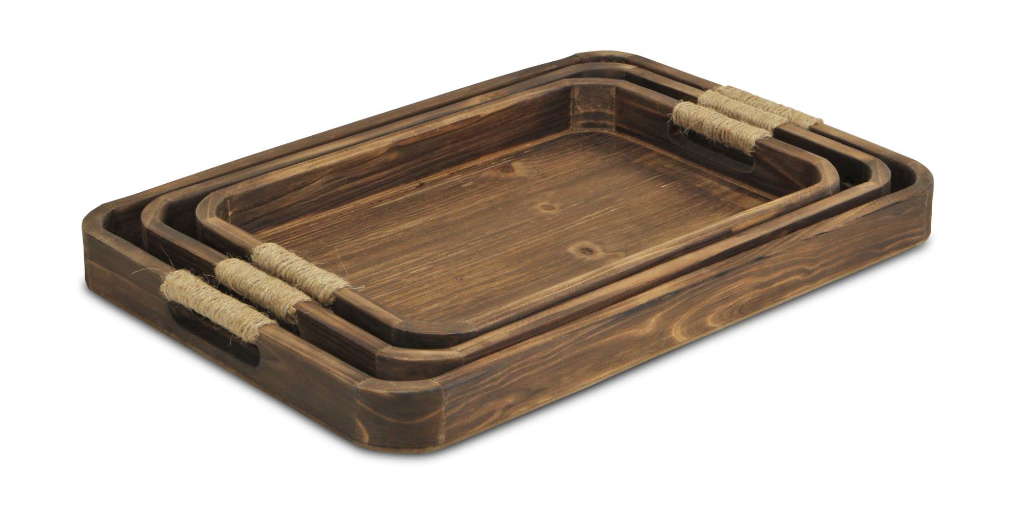 Set of 3 Brown Curved Trays with Covered Rope Handles - 19.25