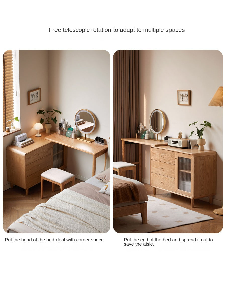 Solid Oak Retractable Vanity Dressing Table with Mirror - Perfect for Bedroom, Bathroom & Small Space Makeup Organization