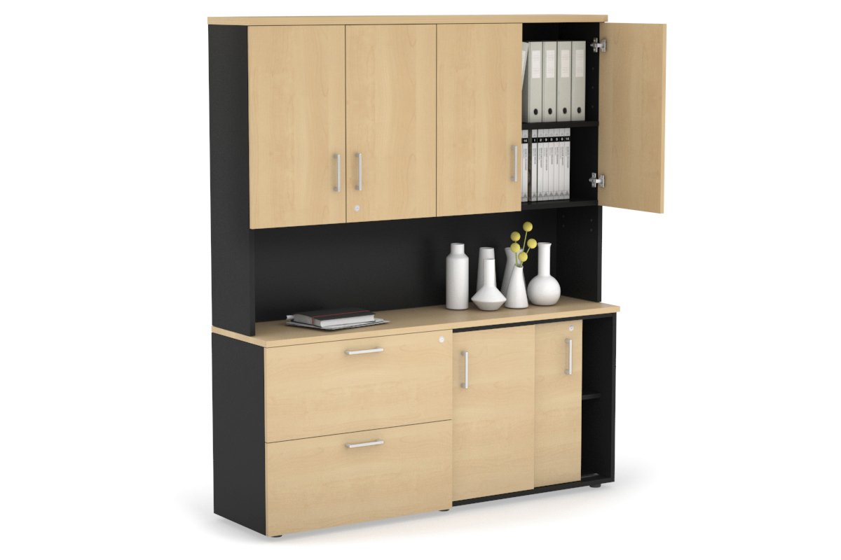 2-Door Sliding Credenza with 2-Drawer Lateral File Cabinet & Hutch - Modern Office Storage Solution for Home or Business Workspaces