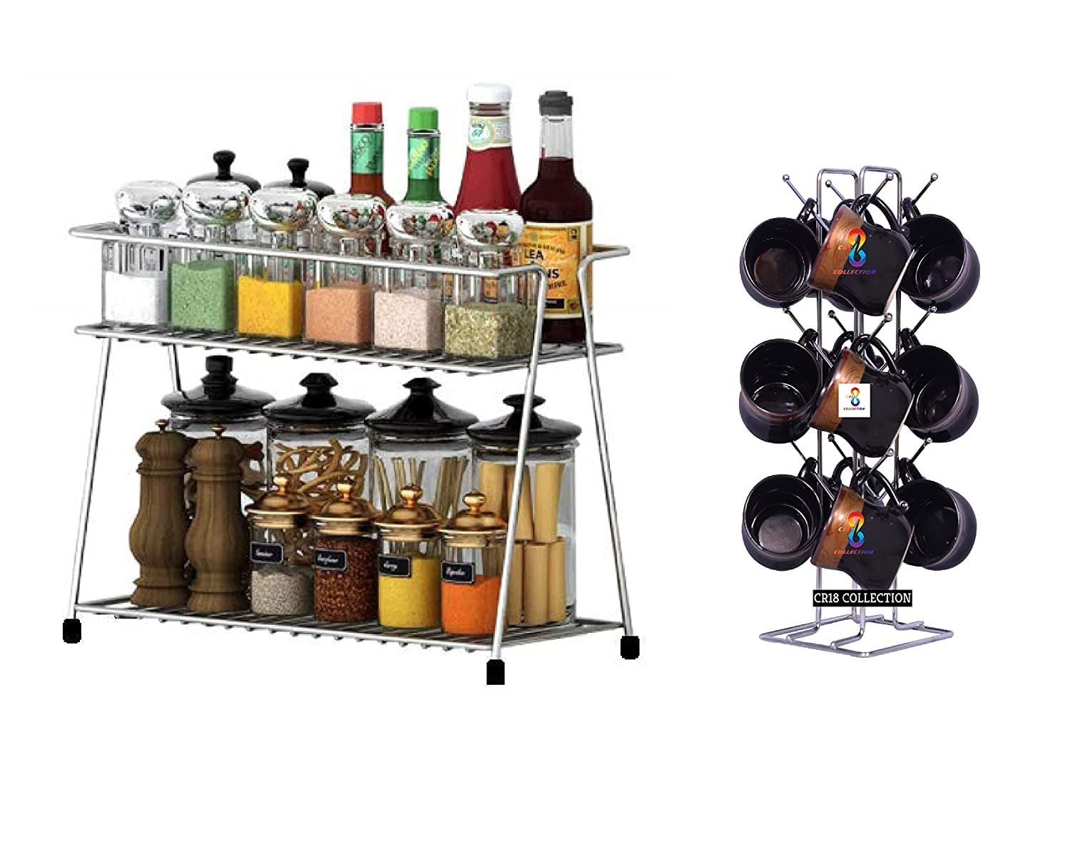 12-Piece Multipurpose Stainless Steel Spice Rack & Cup Holder - 2-Tier Kitchen Storage Shelf with 12 Hooks for Mugs, Spices & Utensils - Perfect for Coffee Bars, Pantry Organization & Small Space Storage