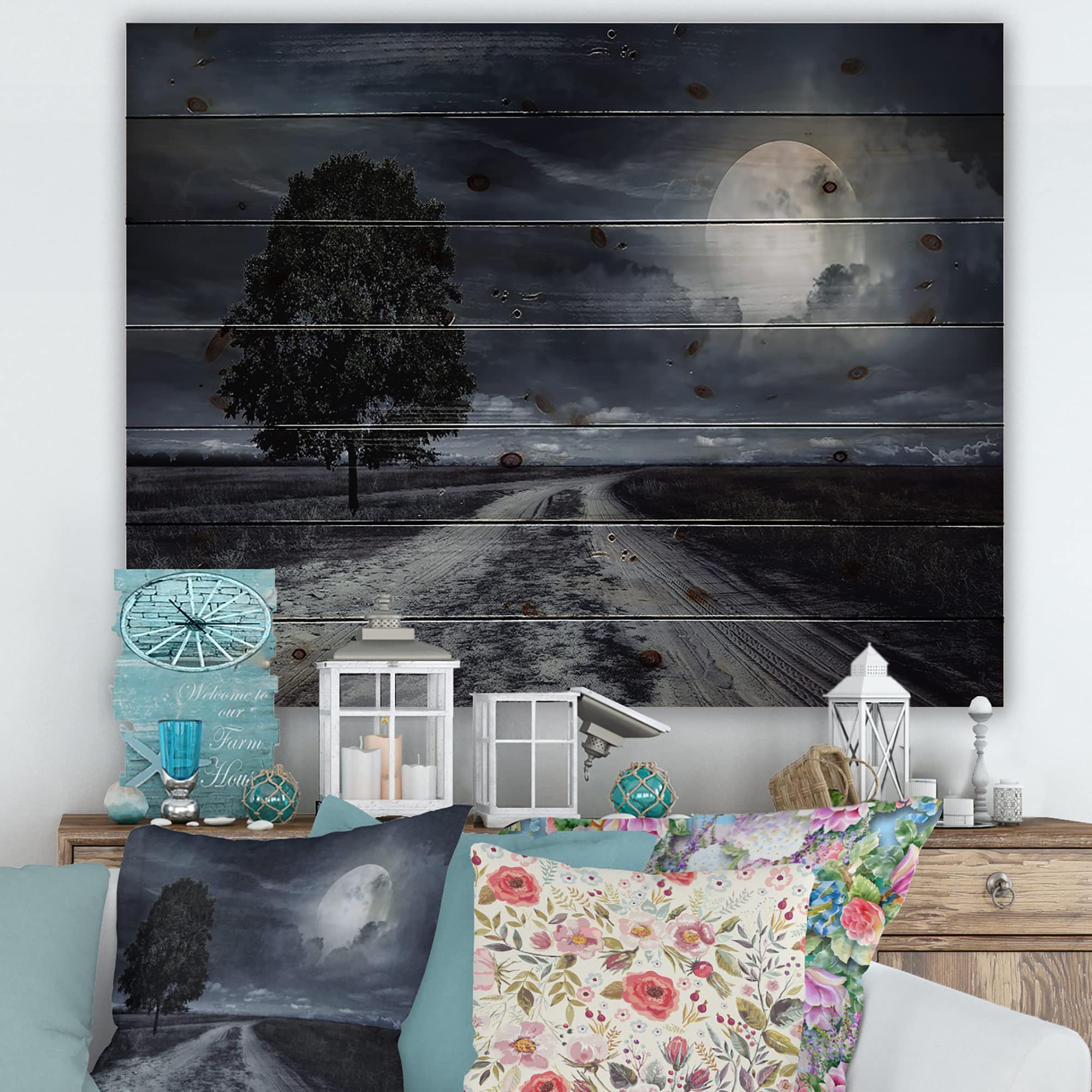 Paved Road Under Full Moon - Nautical Coastal Wood Wall Decor - Black Wood Wall Art - Large Landscape Wood Panel Printed on Natural Pine - Home Office Beach House Decor