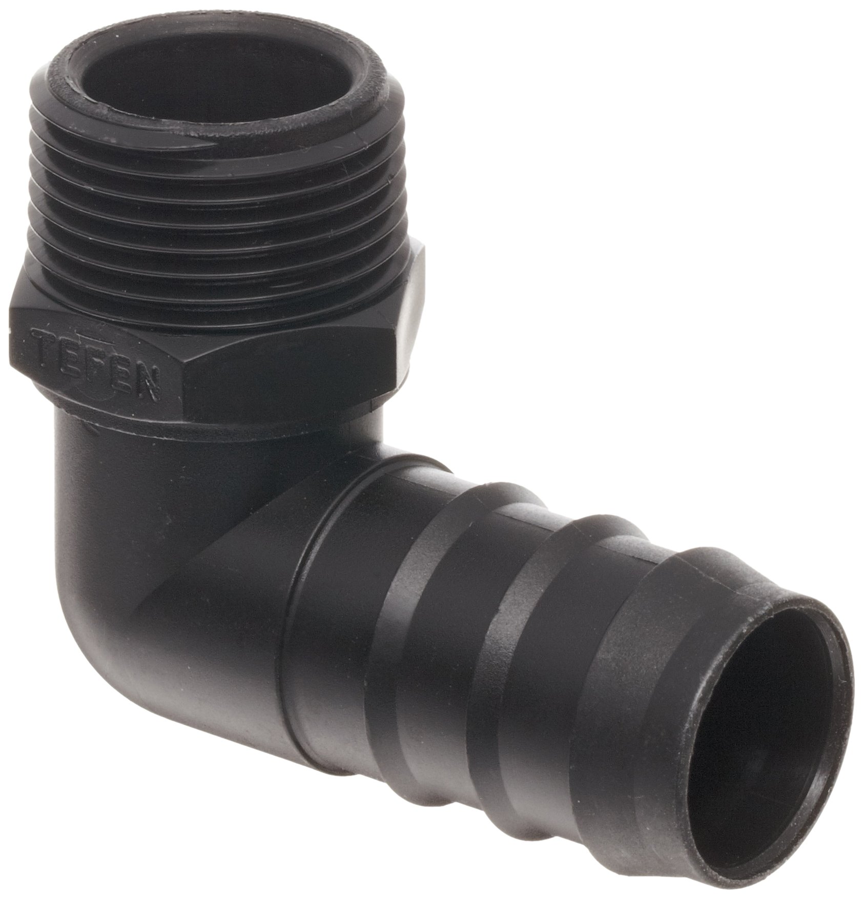 Tefen Polypropylene Hose Fitting - 90 Degree Elbow Adapter, Black, 16mm Hose OD x 3/8
