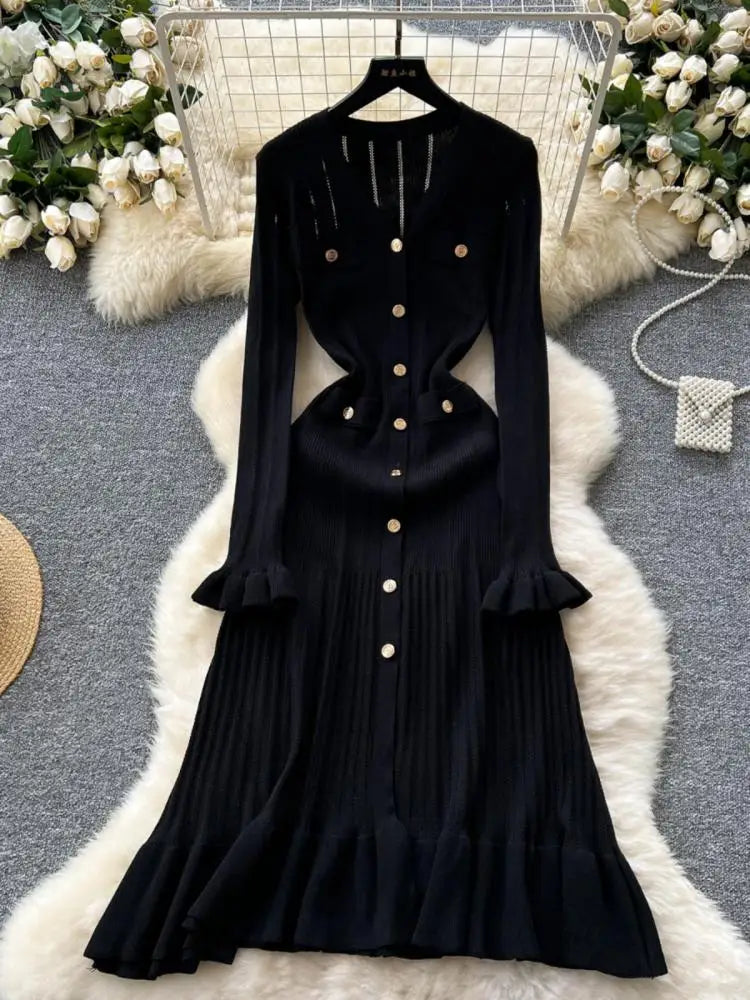 Elegant French Green V-Neck Knitted Dress for Women - Slim Fit Long Sleeve Ruffled Dress with Single Breasted Design | Perfect for Autumn 2024 Fashion, Office Wear, and Special Occasions
