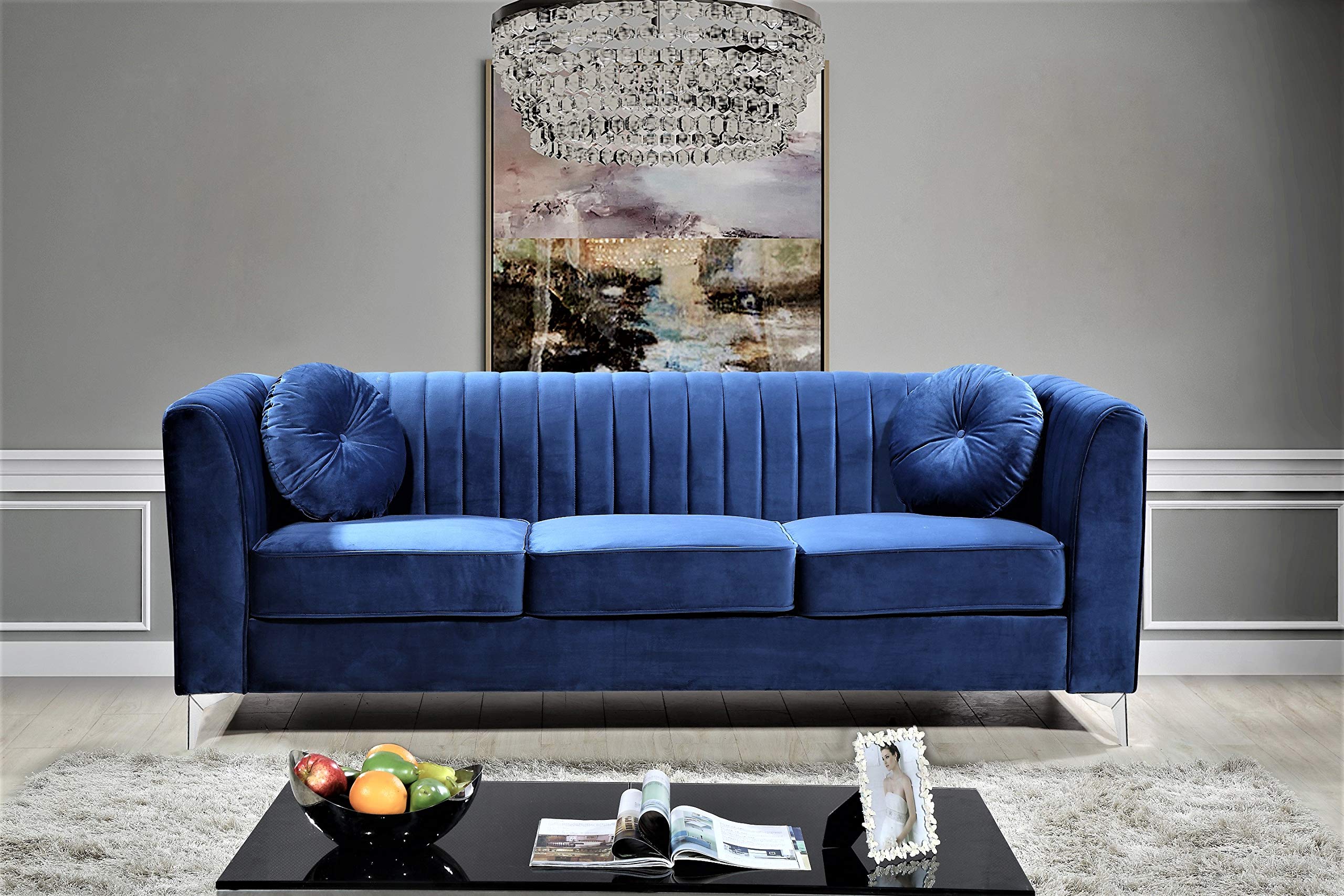 US Pride Furniture Sofa - Blue Velvet Modern Couch for Living Room, Lounge & Office | Comfortable Mid-Century Style Sectional with Sturdy Wooden Frame