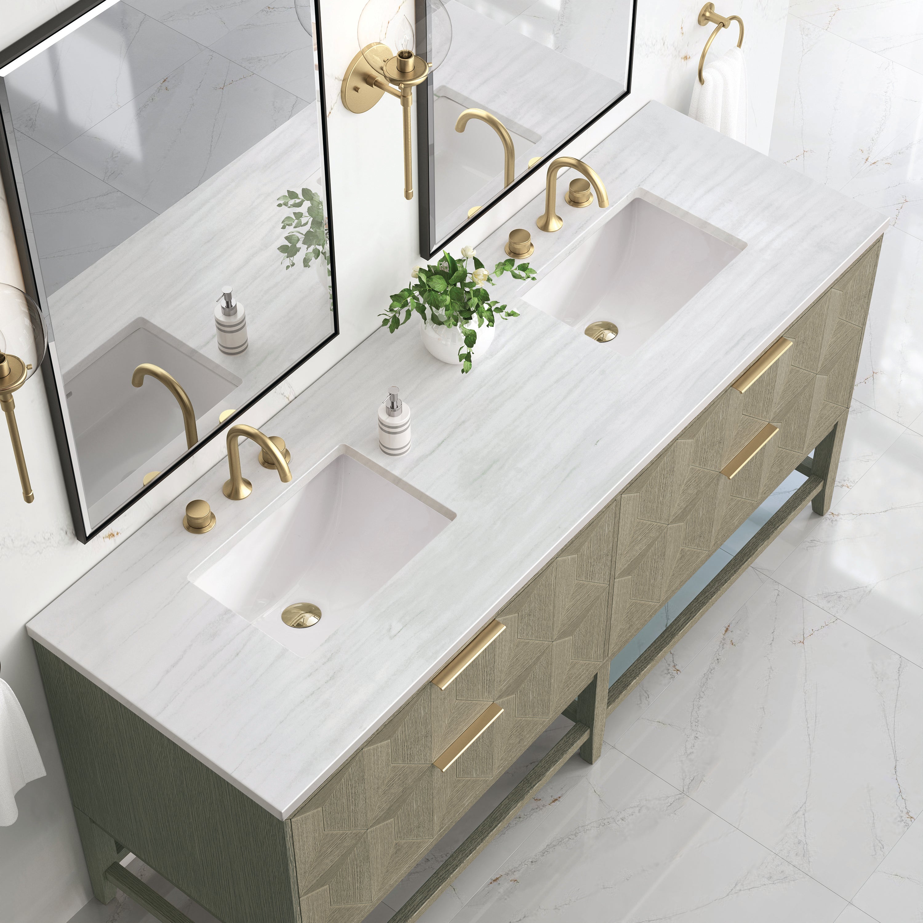 Emmeline 72 Inch Double Bathroom Vanity with Pebble Oak Finish & 3CM Arctic Fall Quartz Top - Perfect for Master Bathroom Renovation & Modern Home Decor