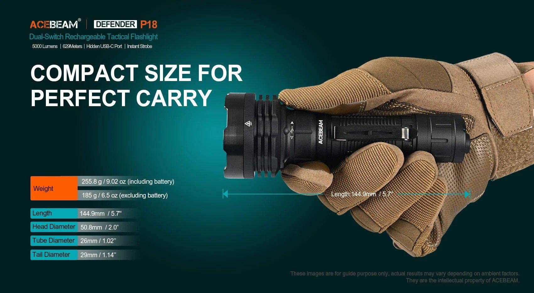 ACEBEAM Defender P18 5000 Lumens Rechargeable Flashlight with Dual Switch & USB-C Charging - High Power Tactical Flashlight for Camping, Hiking, Emergency & Outdoor Adventures