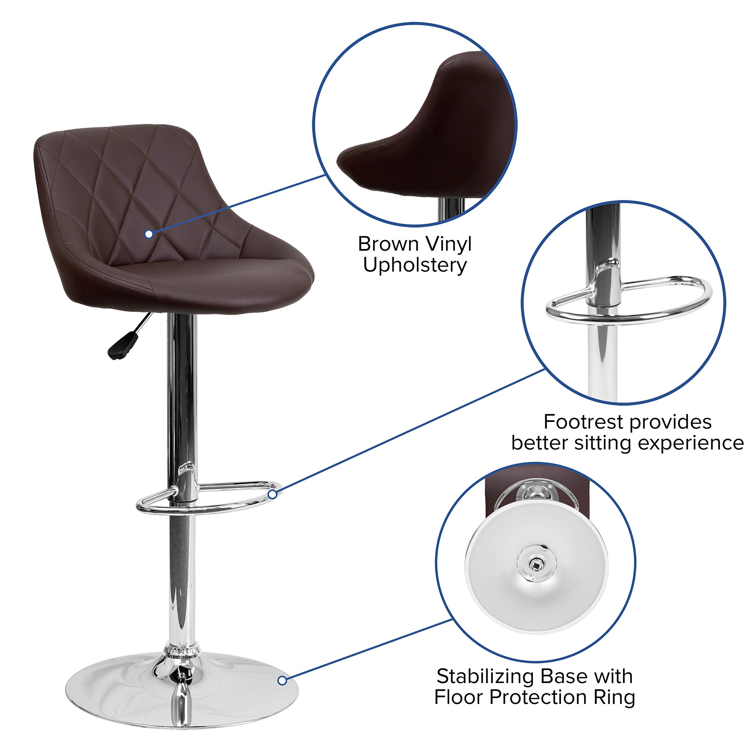 Flash Furniture Contemporary Vinyl Adjustable Height Bar Stool - Diamond Pattern Back, Chrome Base - Brown (1 Pack) - Perfect for Kitchen Islands, Home Bars & Counter Seating