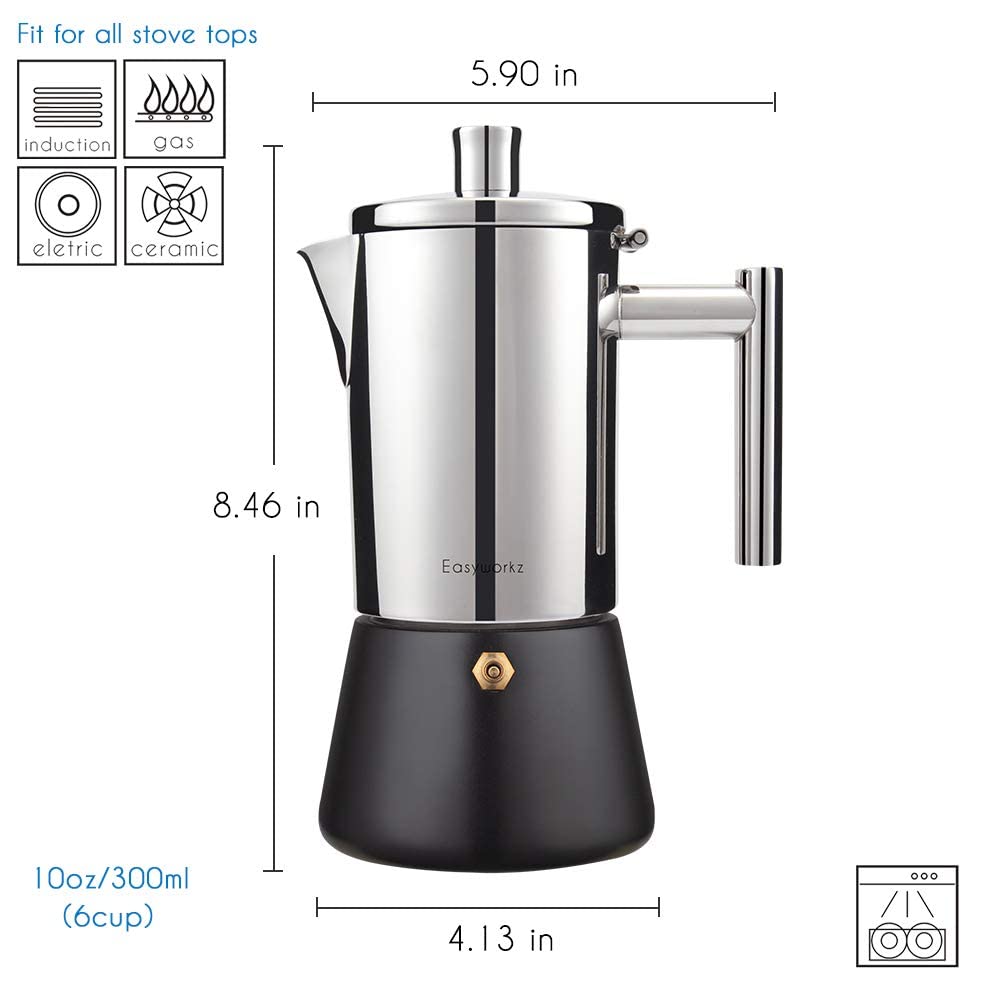 Easyworkz Diego Stovetop Espresso Maker - 6 Cup Stainless Steel Moka Pot for Induction & Gas Stoves - Italian Coffee Machine for Rich Espresso at Home (10oz) - Perfect for Camping, Office & Gifts
