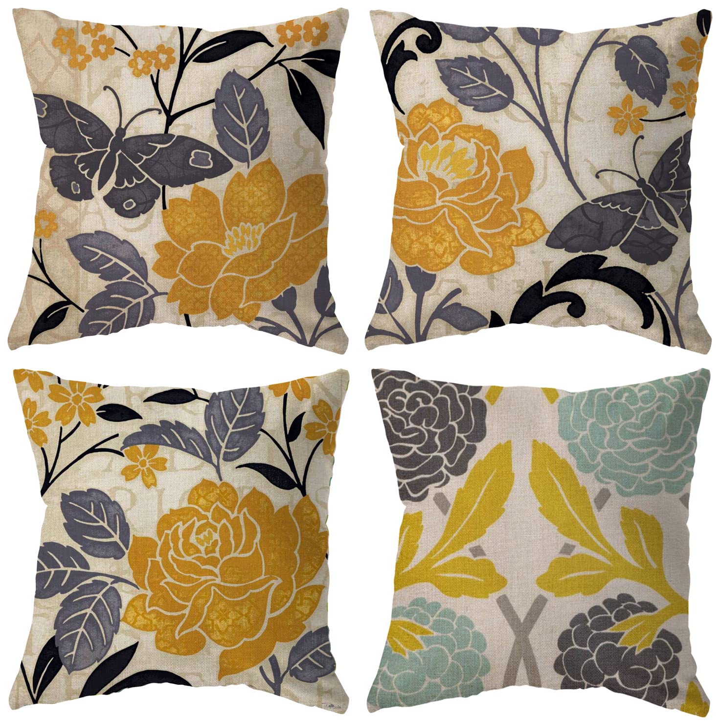 Set of 4 Blue Yellow Grey Floral Throw Pillow Covers 18x18 Inch - Farmhouse Style Cotton Linen Cushion Cases for Sofa, Living Room, Bedroom Decor - Perfect for Home, Gift & Indoor Farmhouse Decor