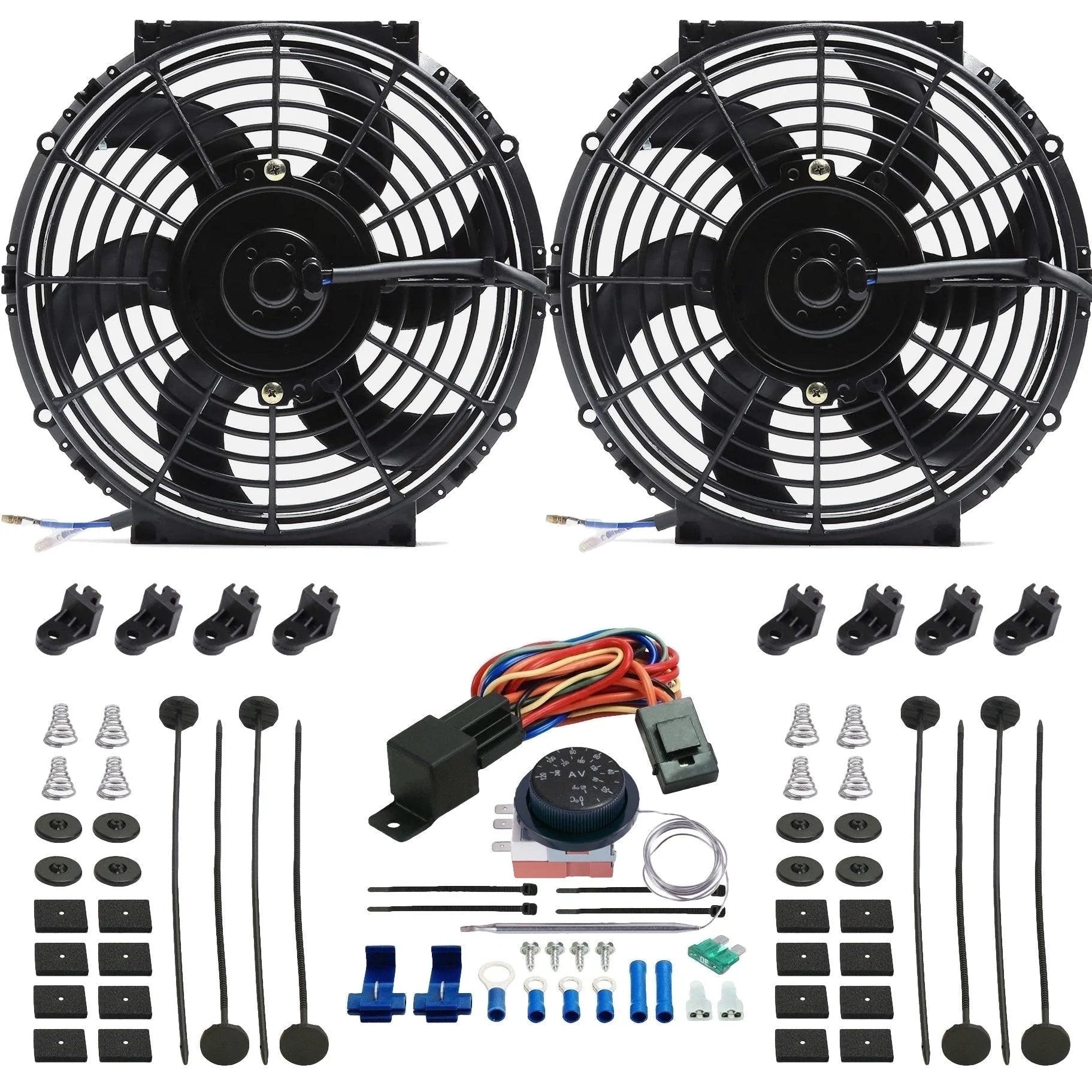 Dual 10/11 Inch 130W Radiator Fan Kit with Adjustable Thermostat Switch - Perfect for Car Cooling, PC Overclocking & Home Ventilation Systems