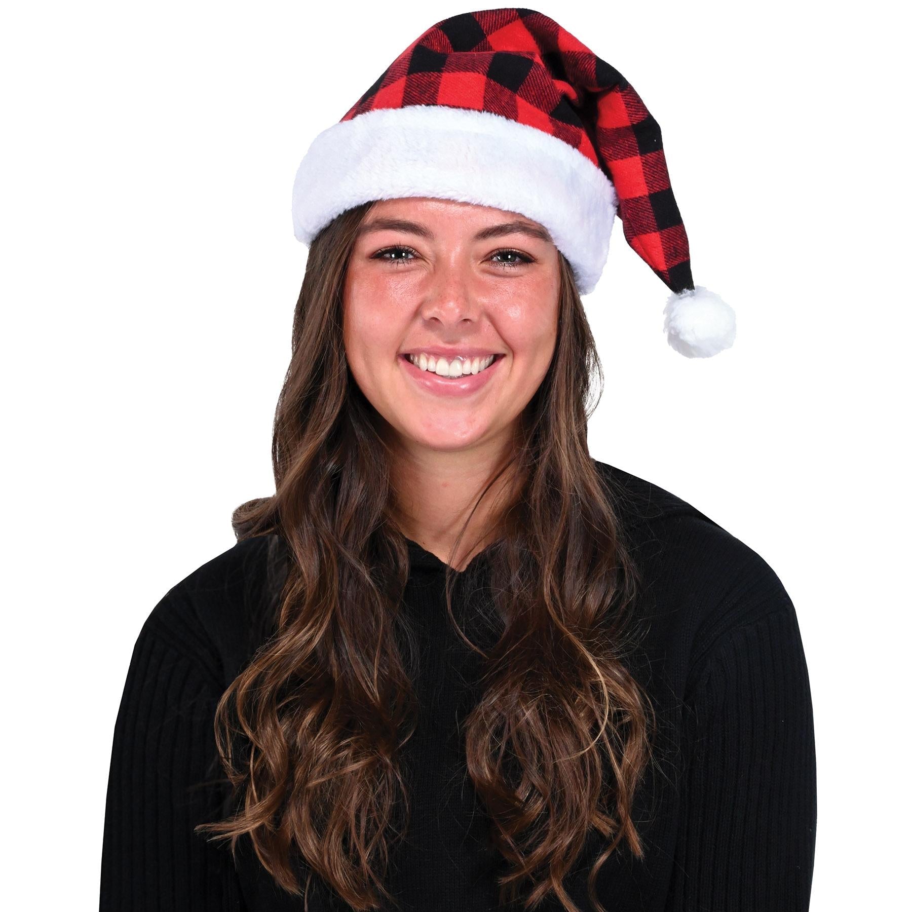 12 Pack Beistle Christmas Plaid Santa Hats - Red & Black Festive Holiday Party Hats for Xmas Celebrations, Office Parties & Family Gatherings