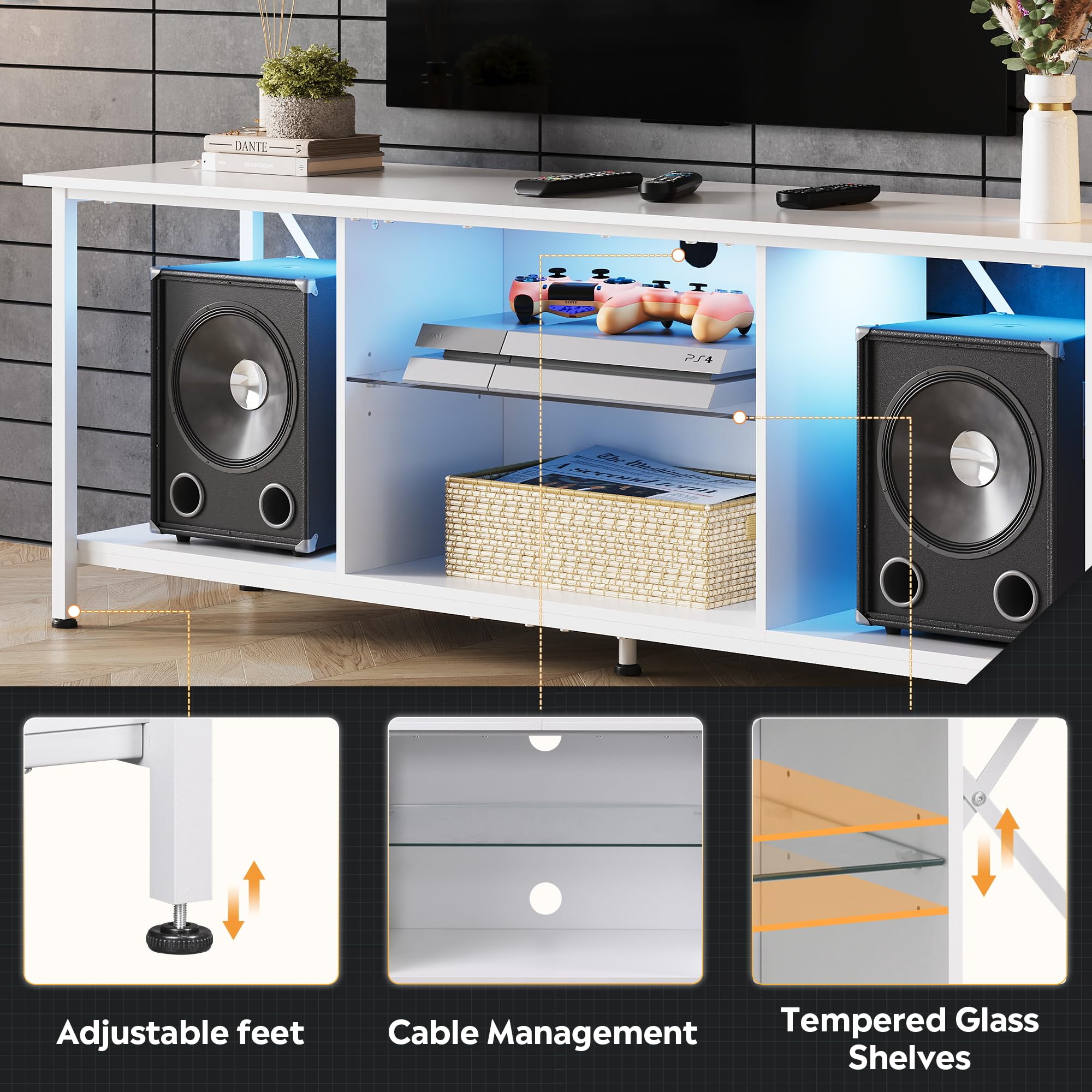 **WLIVE 65 Inch TV Stand with LED Lights, Industrial TV Console with Glass Shelves for Living Room & Bedroom - Modern Entertainment Center for 55-65 Inch TVs (White) - Perfect for Home Theater & Stylish Decor**