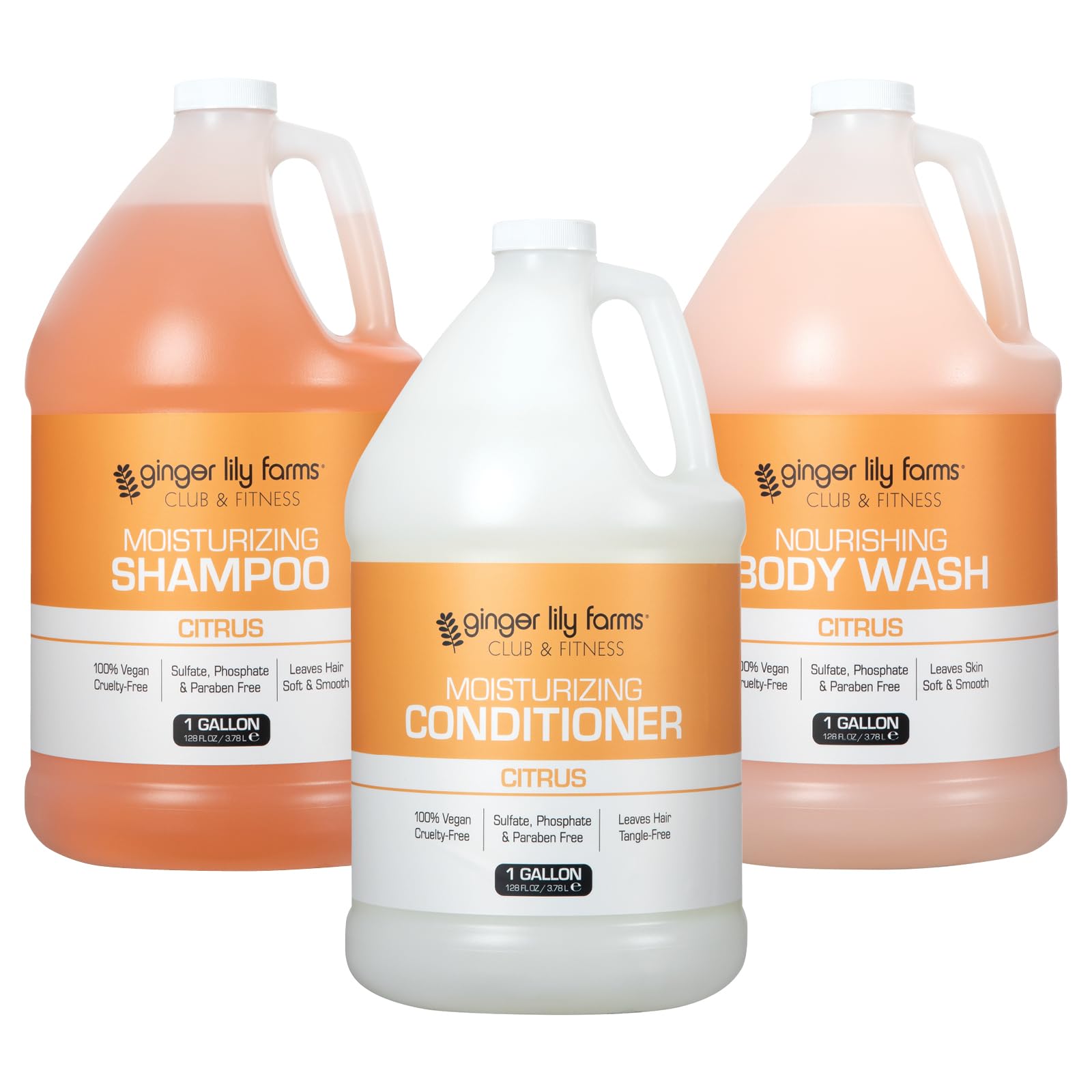 Ginger Lily Farms Club & Fitness Shampoo + Conditioner + Body Wash Bundle - Citrus Scent, 1 Gallon Each - Gym, Salon & Home Use for Men & Women