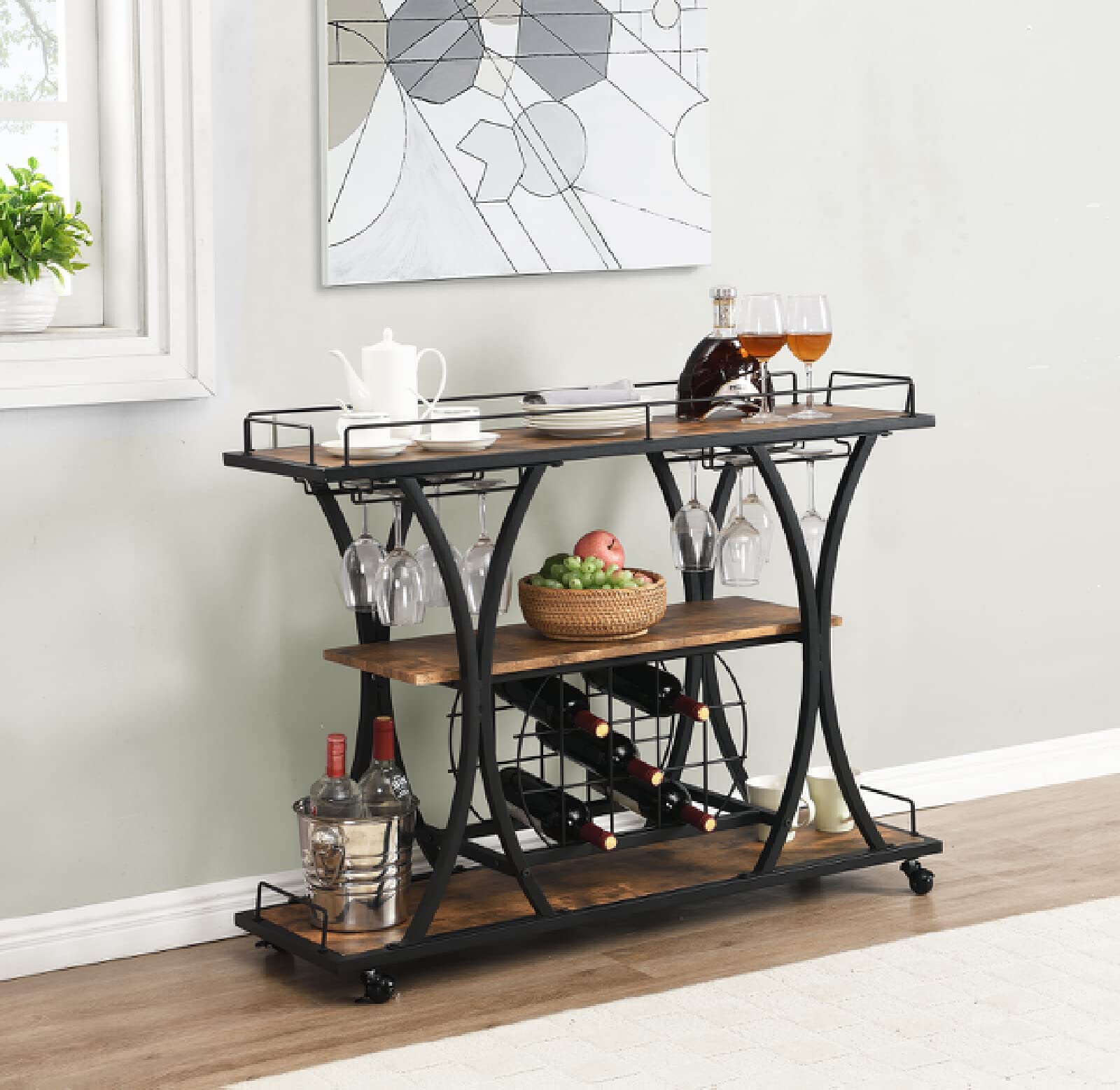 Industrial Bar Cart with Wine Rack & Wheels - Rustic Brown Black Wooden Metal Frame Mobile Serving Cart for Home, Holds 11 Bottles & 16 Glasses (44.09