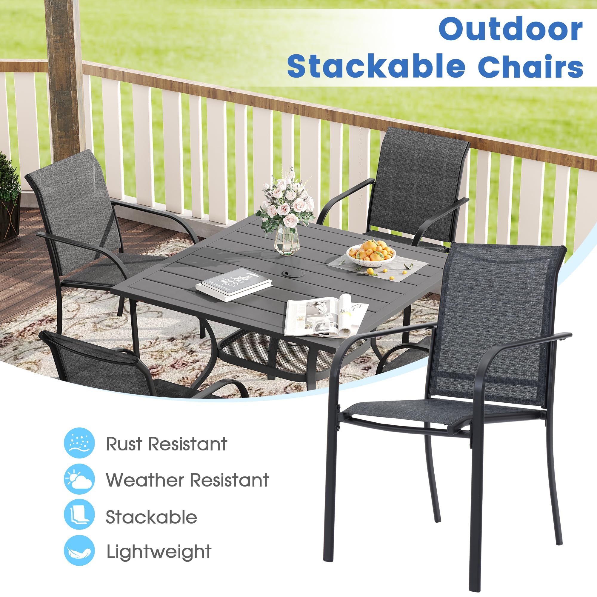 VICLLAX 5-Piece Outdoor Dining Set for 4 - Round Patio Table & 4 Stackable Chairs in Gray Wood-Like Finish & Dark Gray - Perfect for Backyard, Garden, Deck or Poolside Gatherings