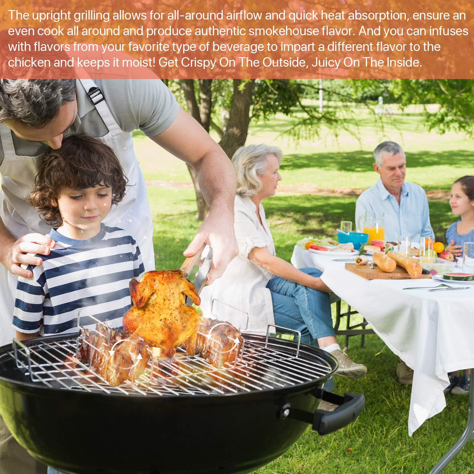 Premium Stainless Steel Beer Can Chicken Roaster & Rib Rack with Silicone Basting Brush - Heavy Duty Rectangle BBQ Stand for Smoker, Oven & Grill - Holds Whole Chicken + 4 Ribs - Perfect for Backyard BBQs, Tailgating & Outdoor Cooking