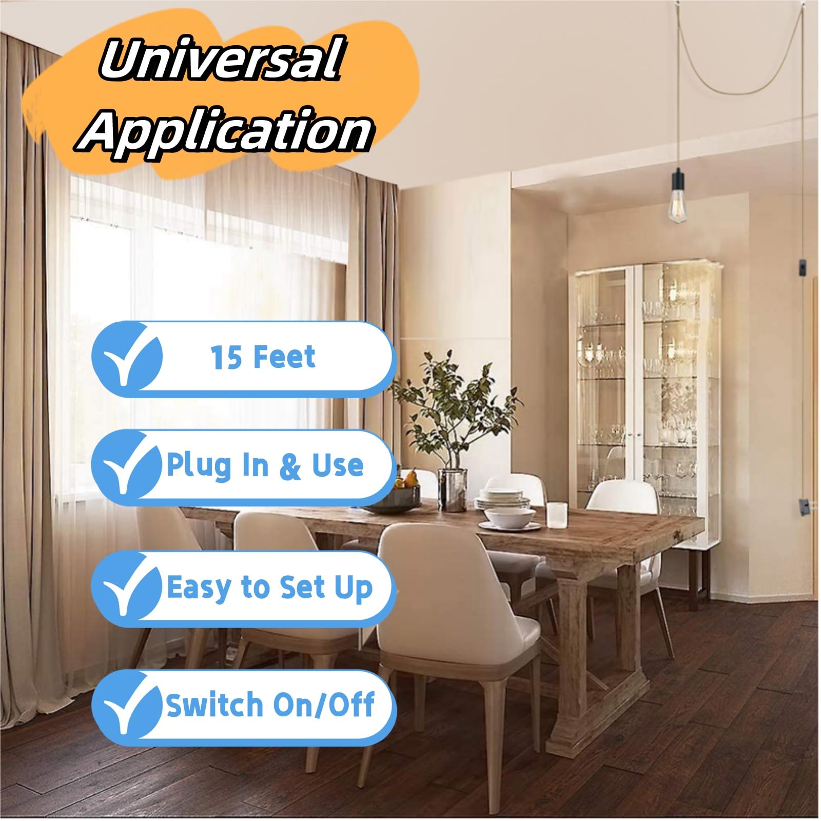 WISBEAM Plug in Pendant Lighting Kit - 3 Pack Hanging Lights with 15ft Cord & On/Off Switch (Bulbs Not Included) - Perfect for Kitchen Island, Dining Room, Bedroom & Living Room Decor