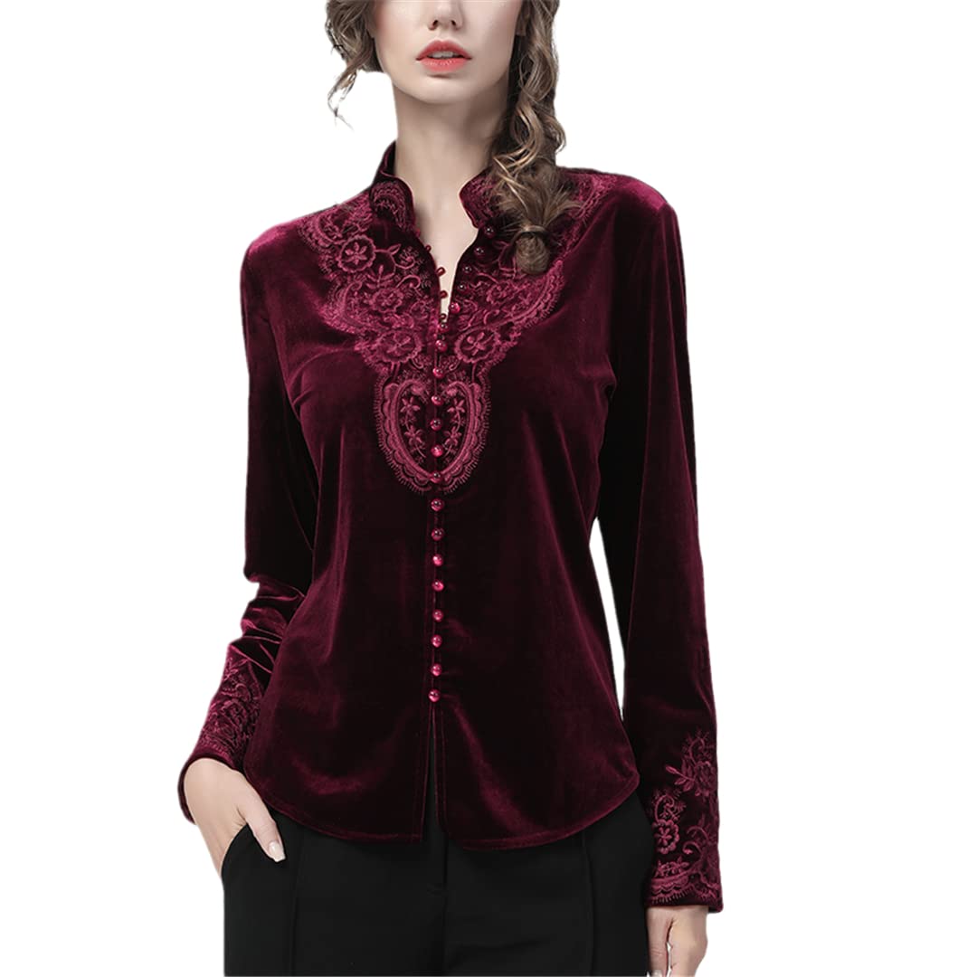 Vintage Embroidery Long Sleeve Velour Shirt for Women - Chinese Style Stand Up Collar Blouse - Perfect for Fall Fashion, Boho Outfits & Cultural Events