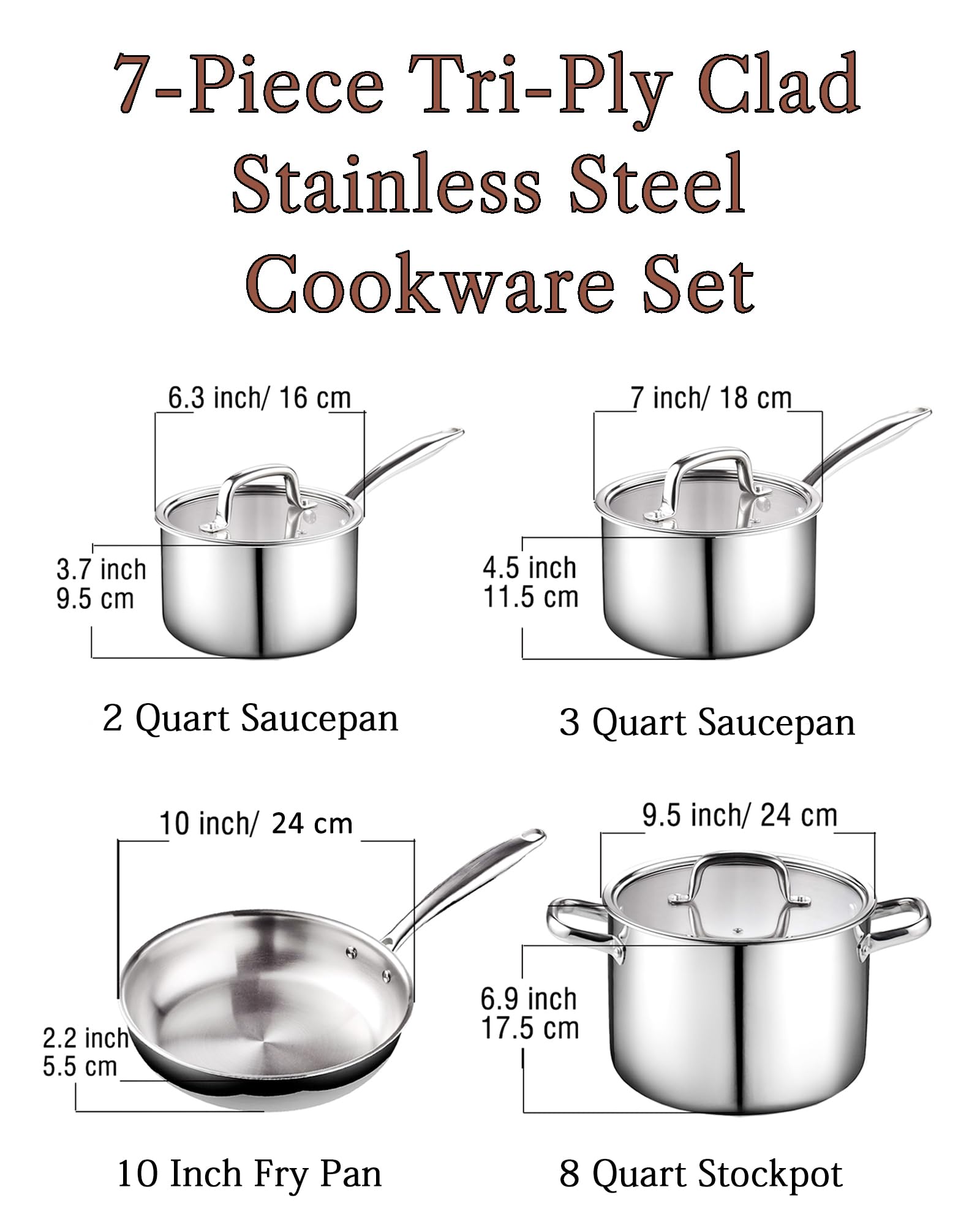 Cook N Home 7-Piece Tri-Ply Clad Stainless Steel Cookware Set - Induction Ready Pots and Pans with Tempered Glass Lids, Dishwasher Safe Silver Kitchen Set for Professional Cooking & Home Use