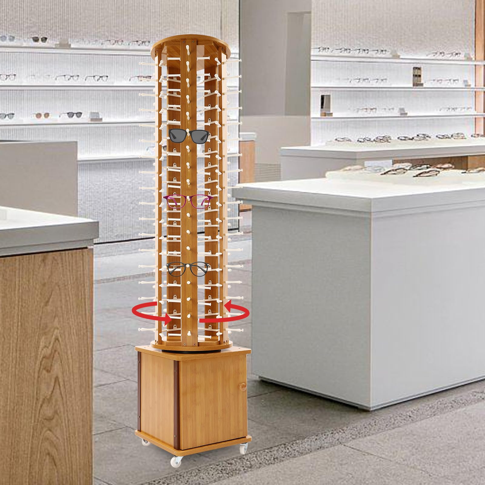 5-Sided Rotating Glasses Display Stand with Wheels - Floor Standing Sunglasses Holder Organizer for 90 Pairs - Perfect for Retail Stores, Optical Shops & Home Eyewear Organization
