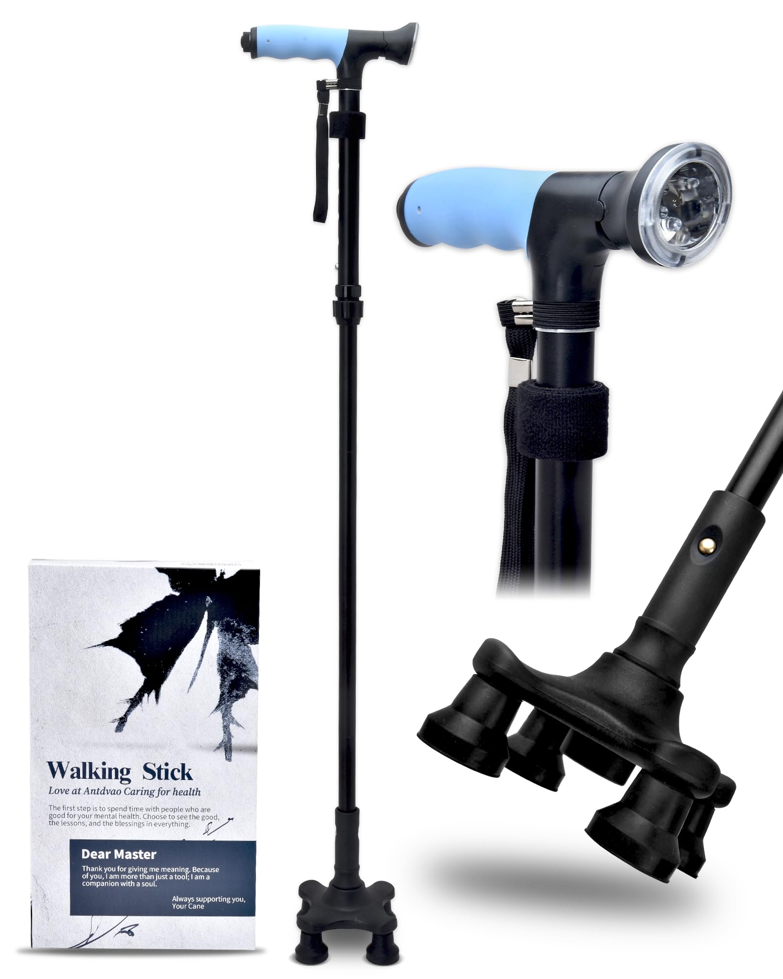 Sangohe Adjustable Walking Cane with Pivot Tip & 4-Leg Base - Lightweight Folding Cane with Safety Light & Travel Bag - Mobility Aid for Seniors & Adults - Ideal for Travel, Hiking & Daily Stability Support - Black (Model 929D)