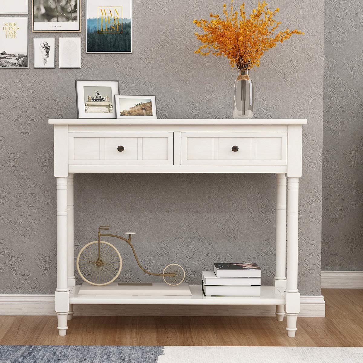 Rhomtree Classic Wood Console Table - Sofa Table, End Table with 2 Storage Drawers & Bottom Shelf | Hallway, Entryway, Living Room Furniture | Ivory White | Perfect for Small Spaces, Home Decor & Book Storage