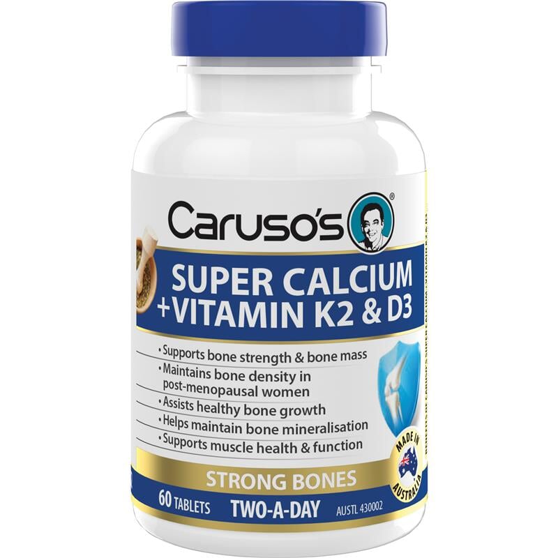 Caruso's Super Calcium + Vitamin K2 & D3 Supplement - Supports Strong Bones & Joint Health - Ideal for Adults & Seniors - Daily Bone Support Formula for Active Lifestyle & Post-Menopausal Women