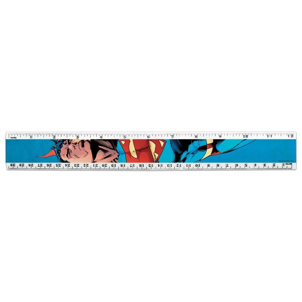 Superman Themed 12 Inch Plastic Ruler with Standard and Metric Measurements - Perfect for School, Office, and Comic Book Fans