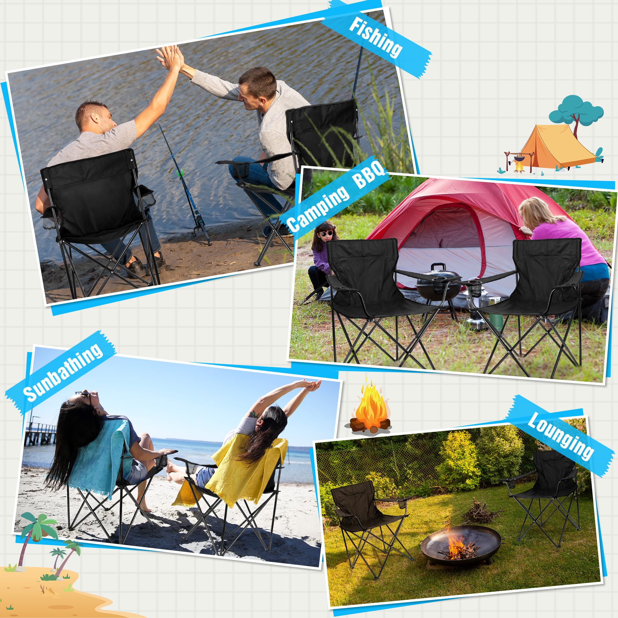 HaSteeL 2-Pack Foldable Camping Chairs for Adults - Heavy Duty 275lbs Capacity Portable Folding Lawn Chairs with Storage Bags - Perfect for Outdoor Camping, Fishing, Hiking, Beach, Picnic & Travel (Black)