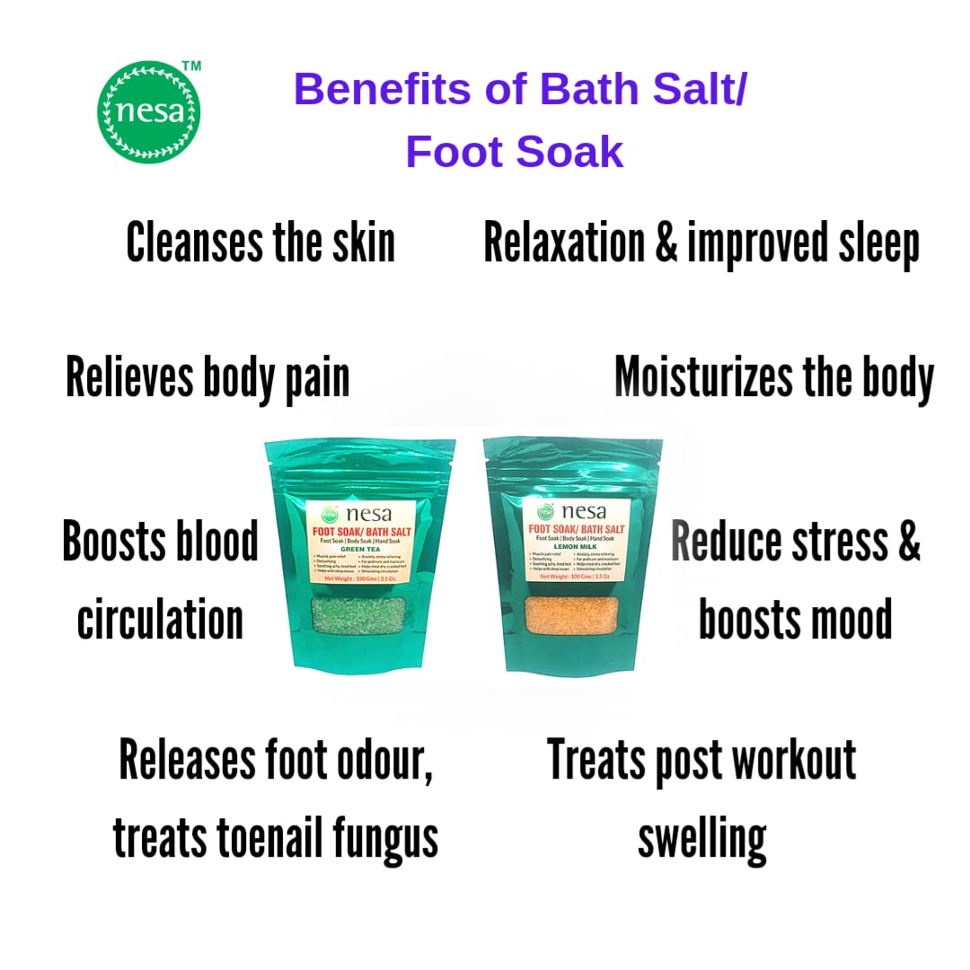 Nesa Bath Salt & Foot Soak - 2 Pack Green Tea Lemon Milk (100g Each) | Muscle Pain & Stress Relief | Skin Cleansing Moisturizer | Dry Cracked Feet Treatment | Manicure Pedicure Care | Perfect for Spa Day & Relaxation at Home