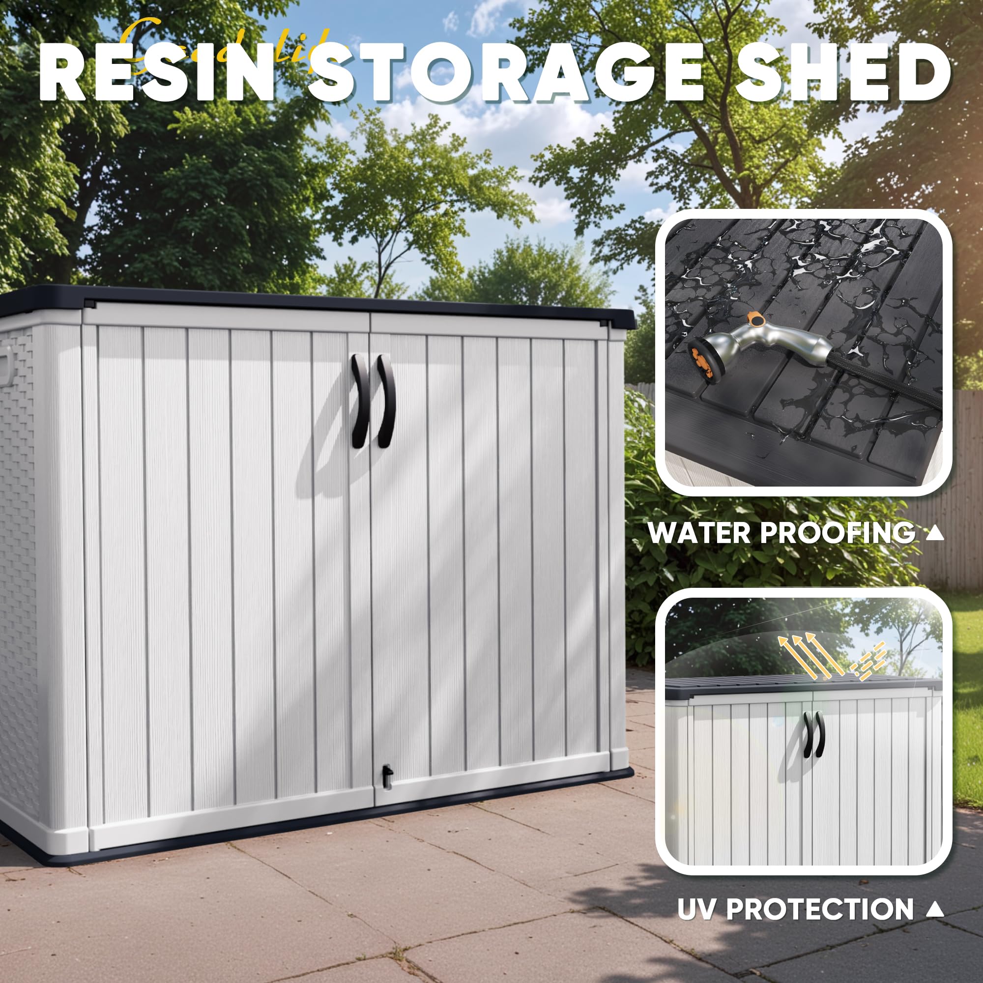 Devoko 26 Cu Ft Outdoor Storage Cabinet with Lockable Doors - Waterproof Horizontal Storage Shed for Patio, Garden Tools, Cushions & Accessories (White) | Perfect for Backyard, Garage & Poolside Organization