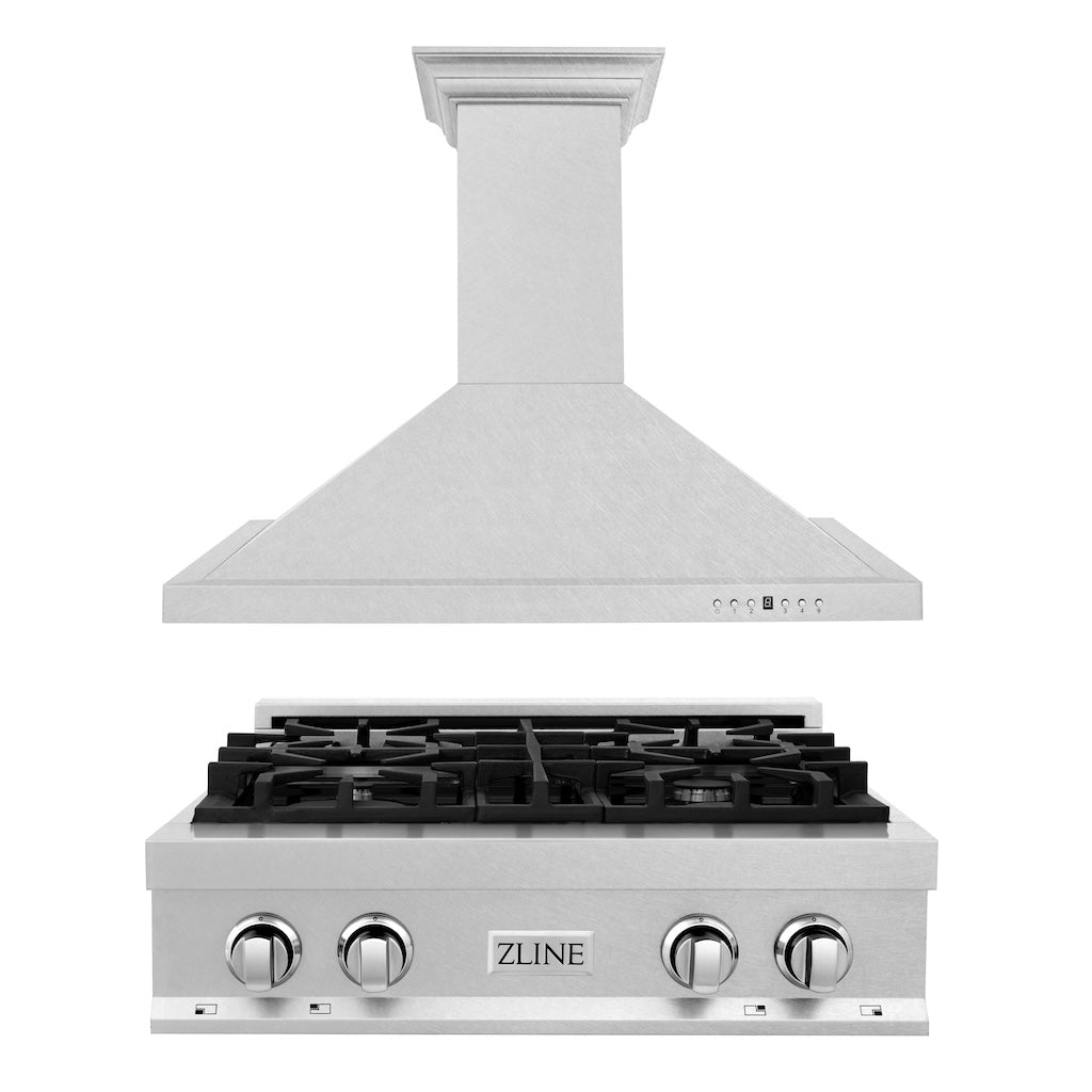 ZLINE 30-inch Satin Stainless Steel Gas Rangetop with Convertible Range Hood - Professional Kitchen Package for Home Chefs | Perfect for Modern Kitchens, Open Concept Homes & Gourmet Cooking