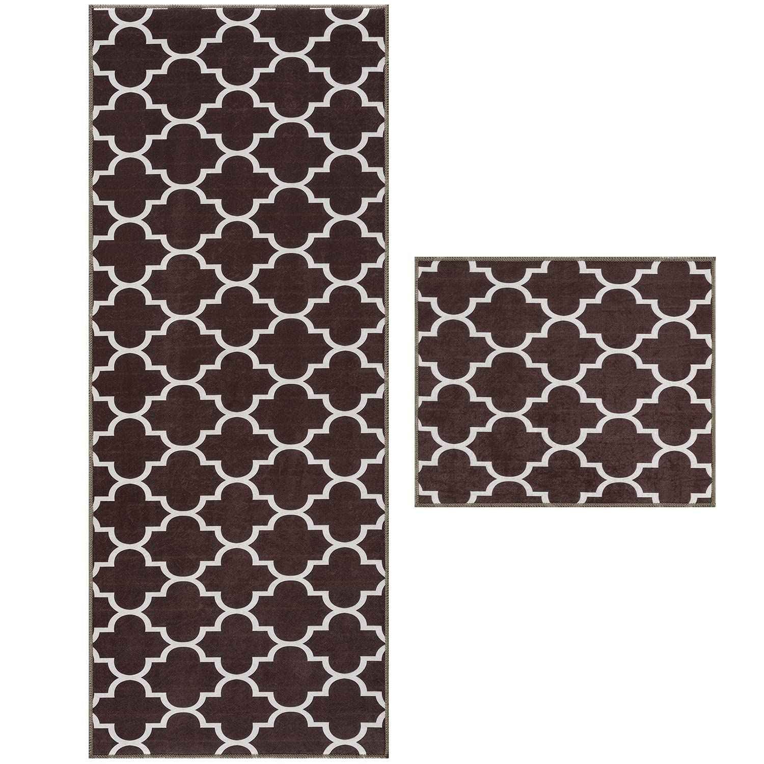 Wunderlin Non-Slip Washable Kitchen Runner Rugs Set of 2 - Brown Trellis Design Floor Mat for Kitchen, Dining Room & High Traffic Areas | Anti-Skid, Machine Washable, Durable Kitchen Carpet