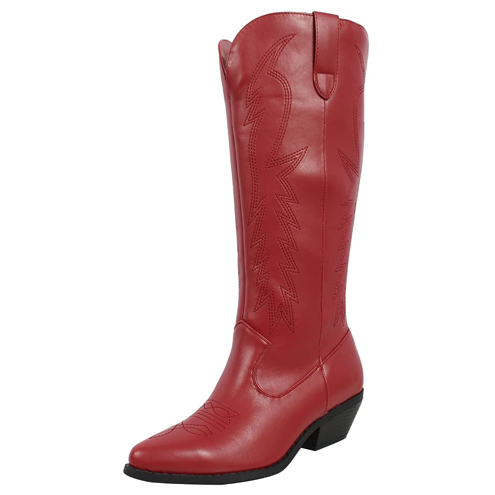 Women's Faux Leather Cowboy Boots Knee High with Stitching - Western Style Riding Boots for Country Music Festivals & Rodeo Events