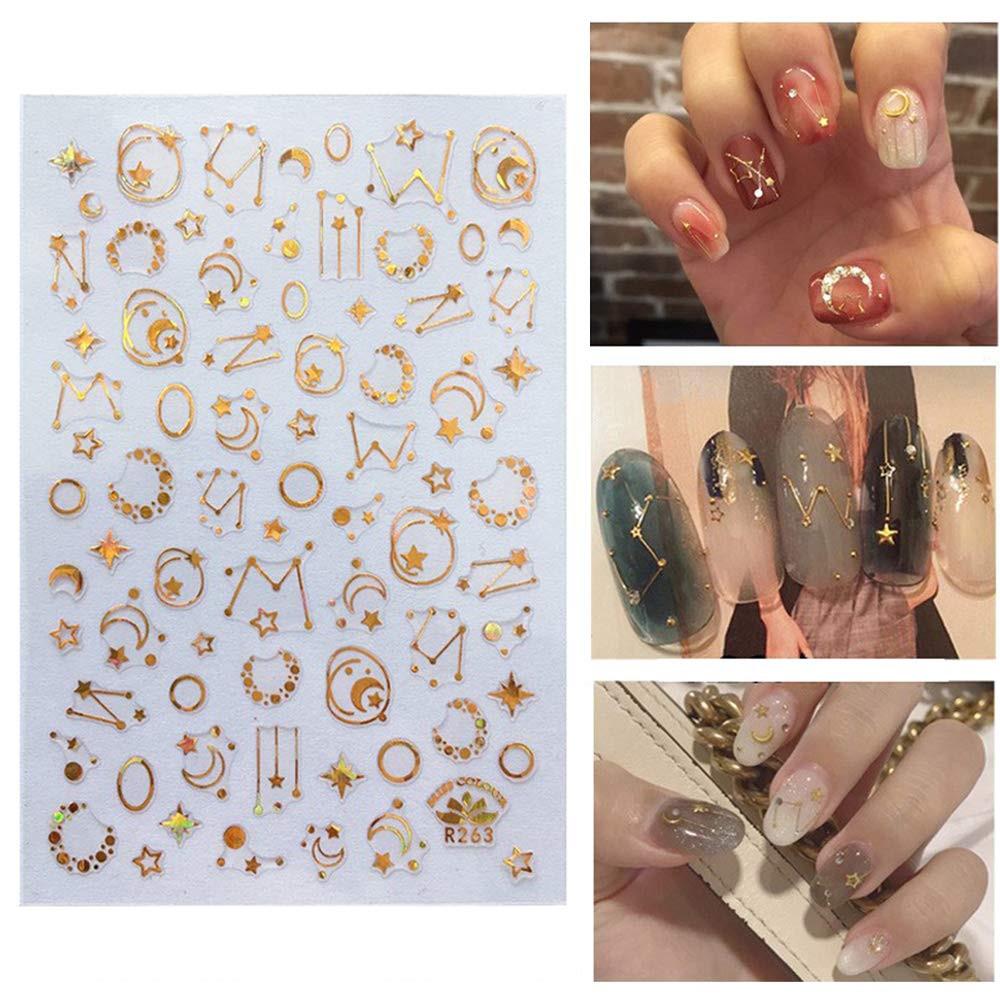 Yiicon 5 Sheets 3D Nail Art Stickers - Metallic Star & Moon Glitter Nail Decals for Acrylic & UV Gel Nails | Self-Adhesive Nail Art Designs for Salon, Home Manicure & Party Nail Decor